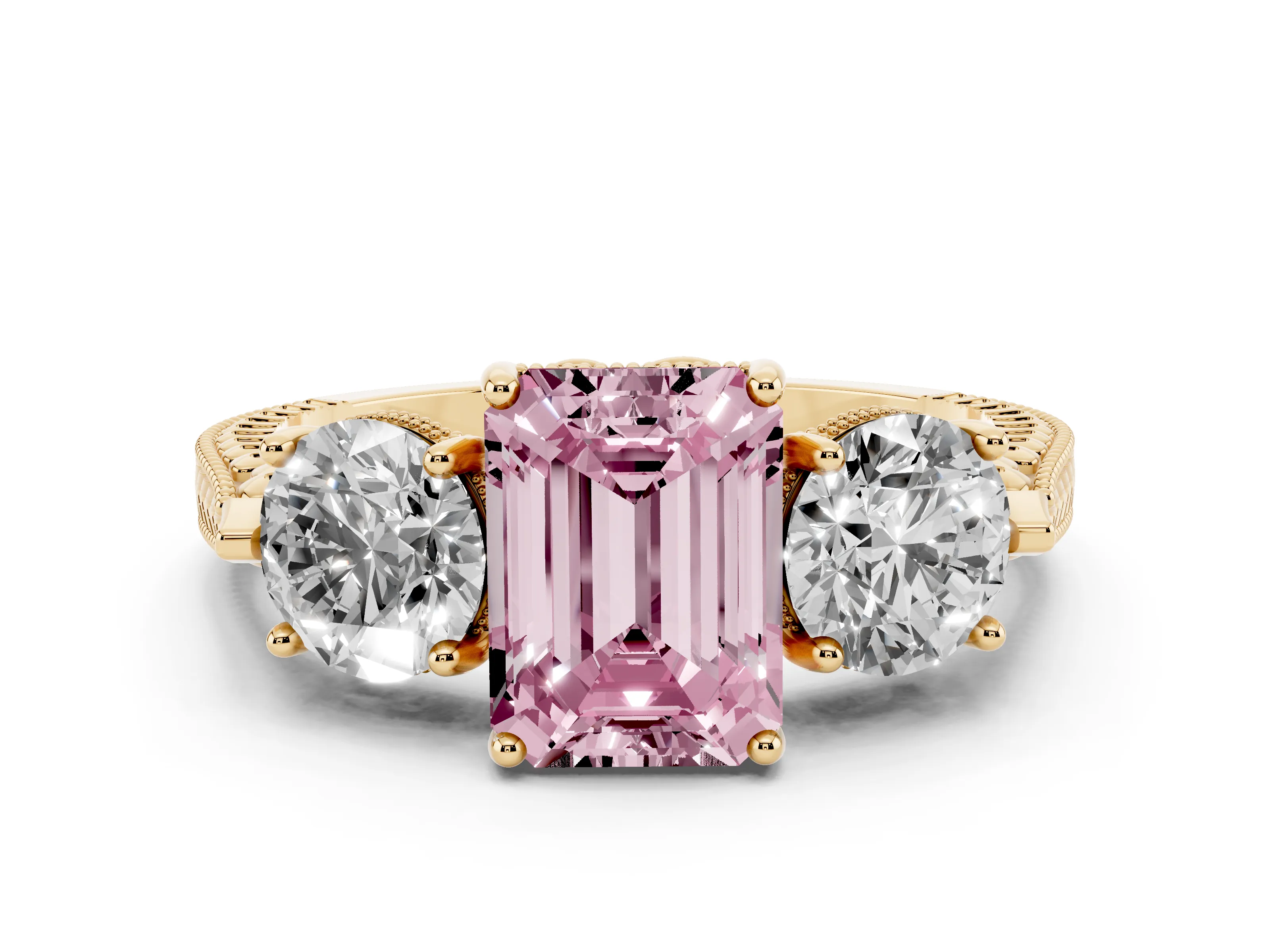 Fancy Pink Emerald Cut Diamond Three-Stone Ring Set in Yellow gold with Milgrain Band