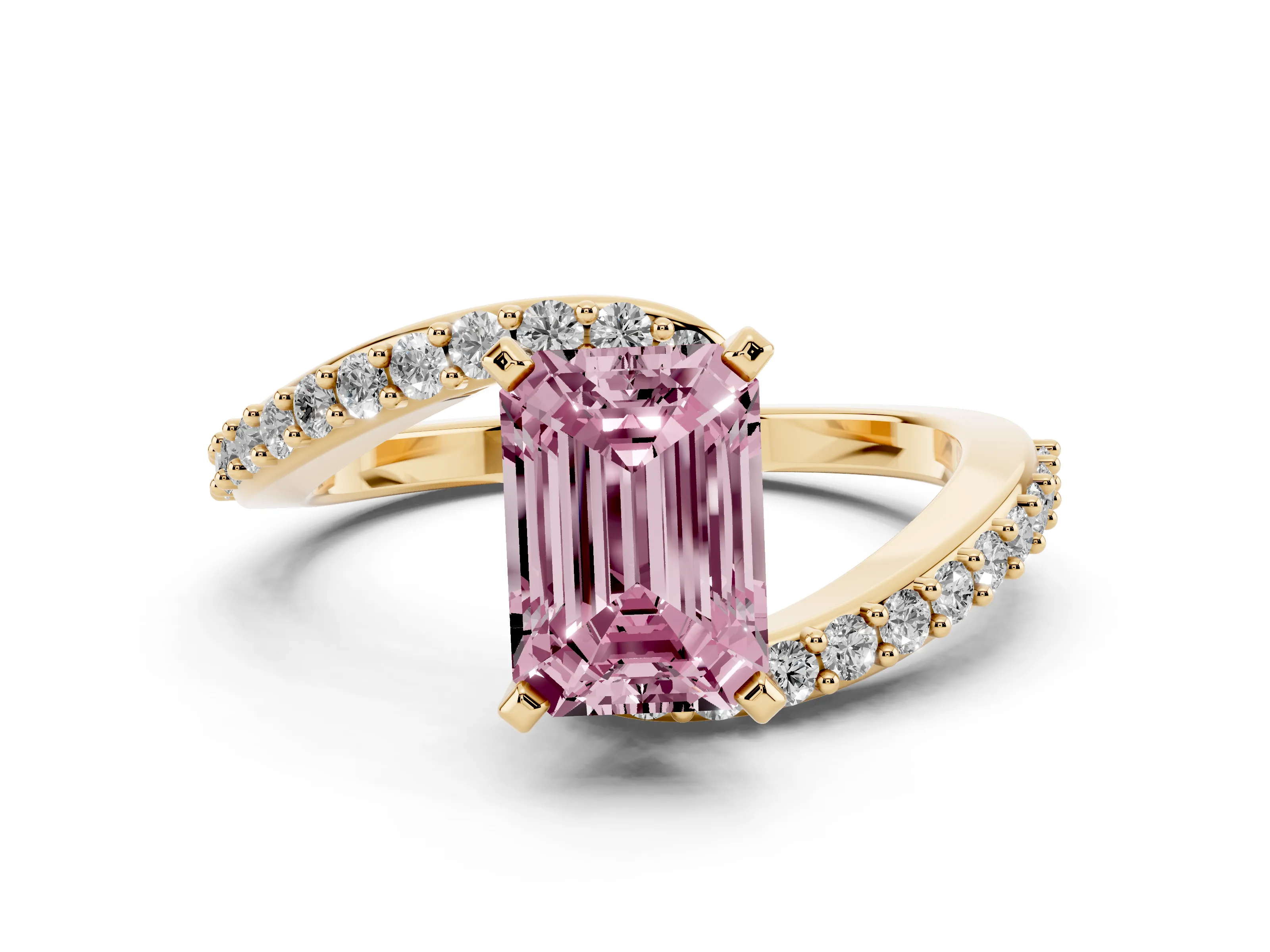 Fancy Pink Emerald Cut Diamond Solitaire Ring Set in Yellow gold with Pavé Twist Band and Prong Setting