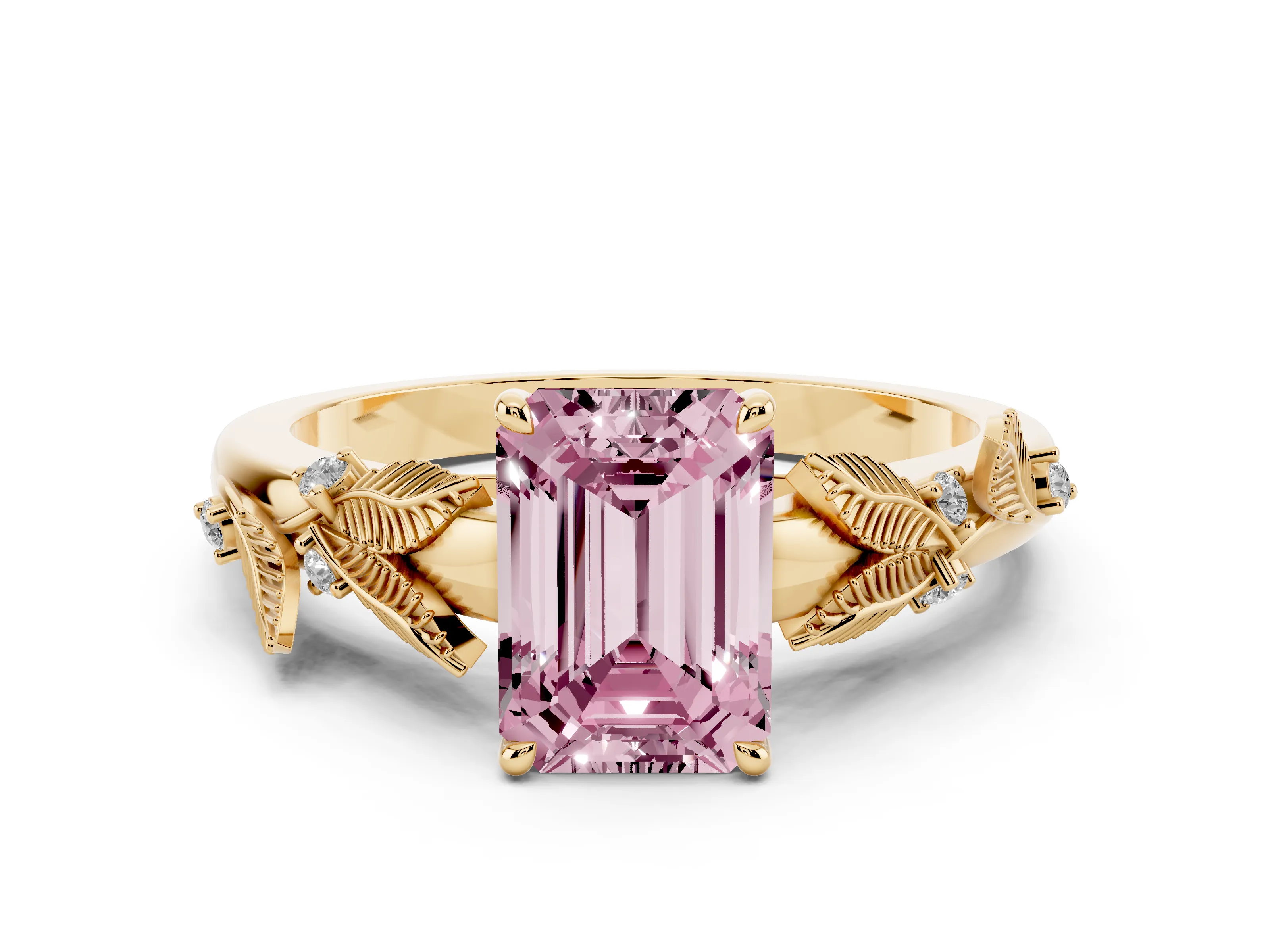 Fancy Pink Emerald Cut Diamond Solitaire Ring Set in Yellow gold with Leaf Motif Band