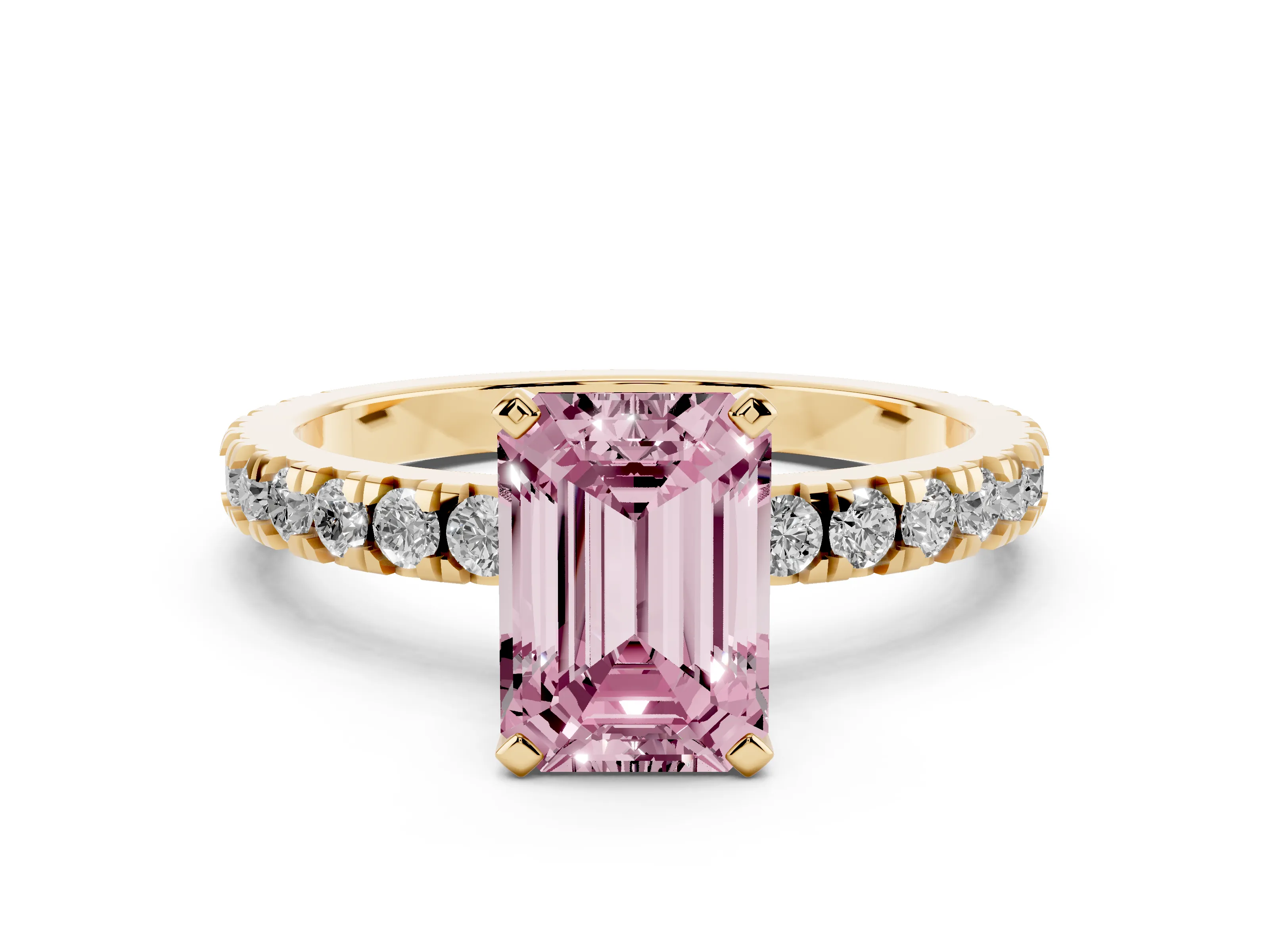 Fancy Pink Emerald Cut Diamond Pavé Band Solitaire Set in Yellow gold with Prong Setting