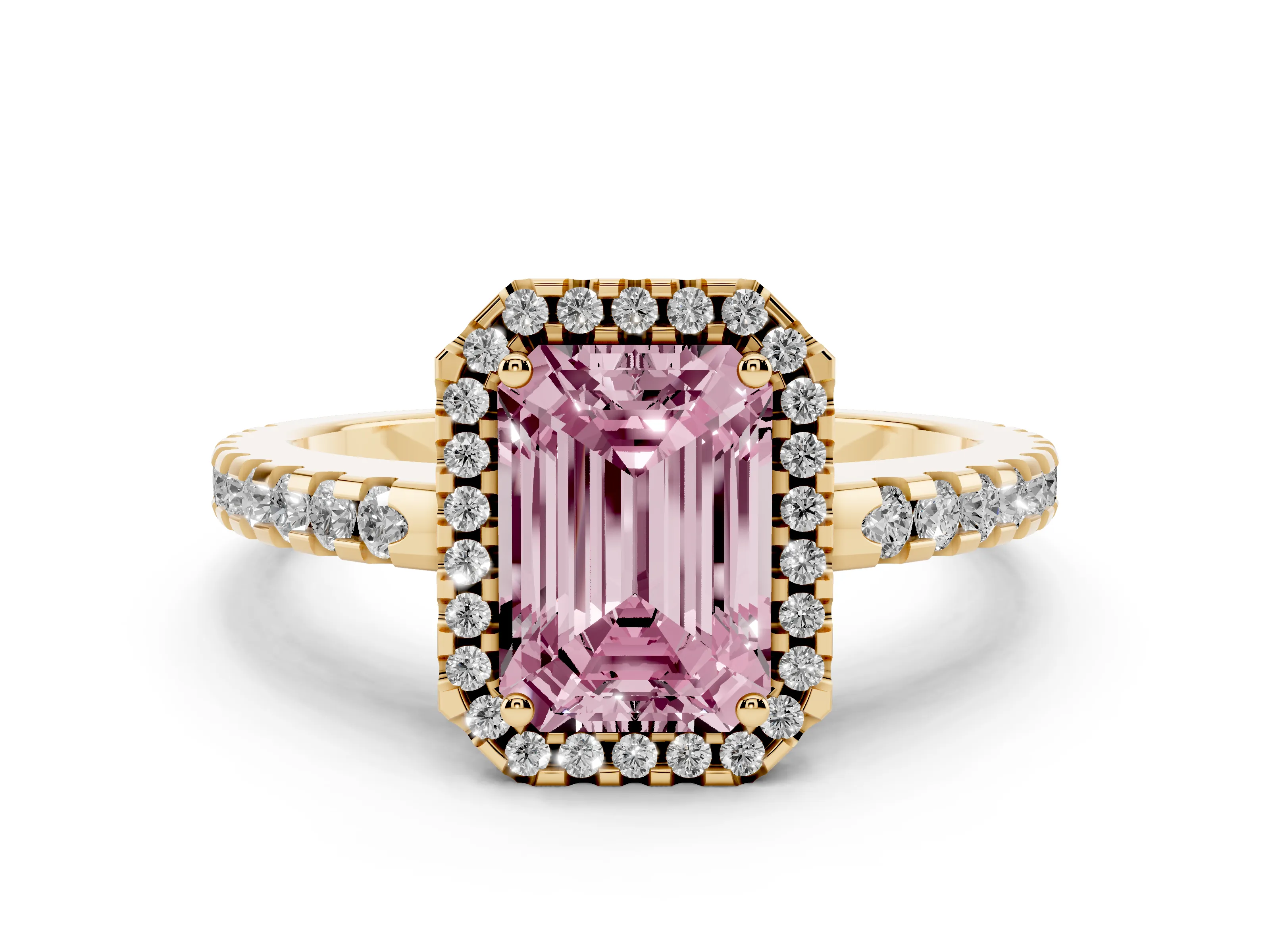 Fancy Pink Emerald Cut Diamond Halo Ring Set in Yellow gold with Pavé Shoulders and Halo-Framed Center