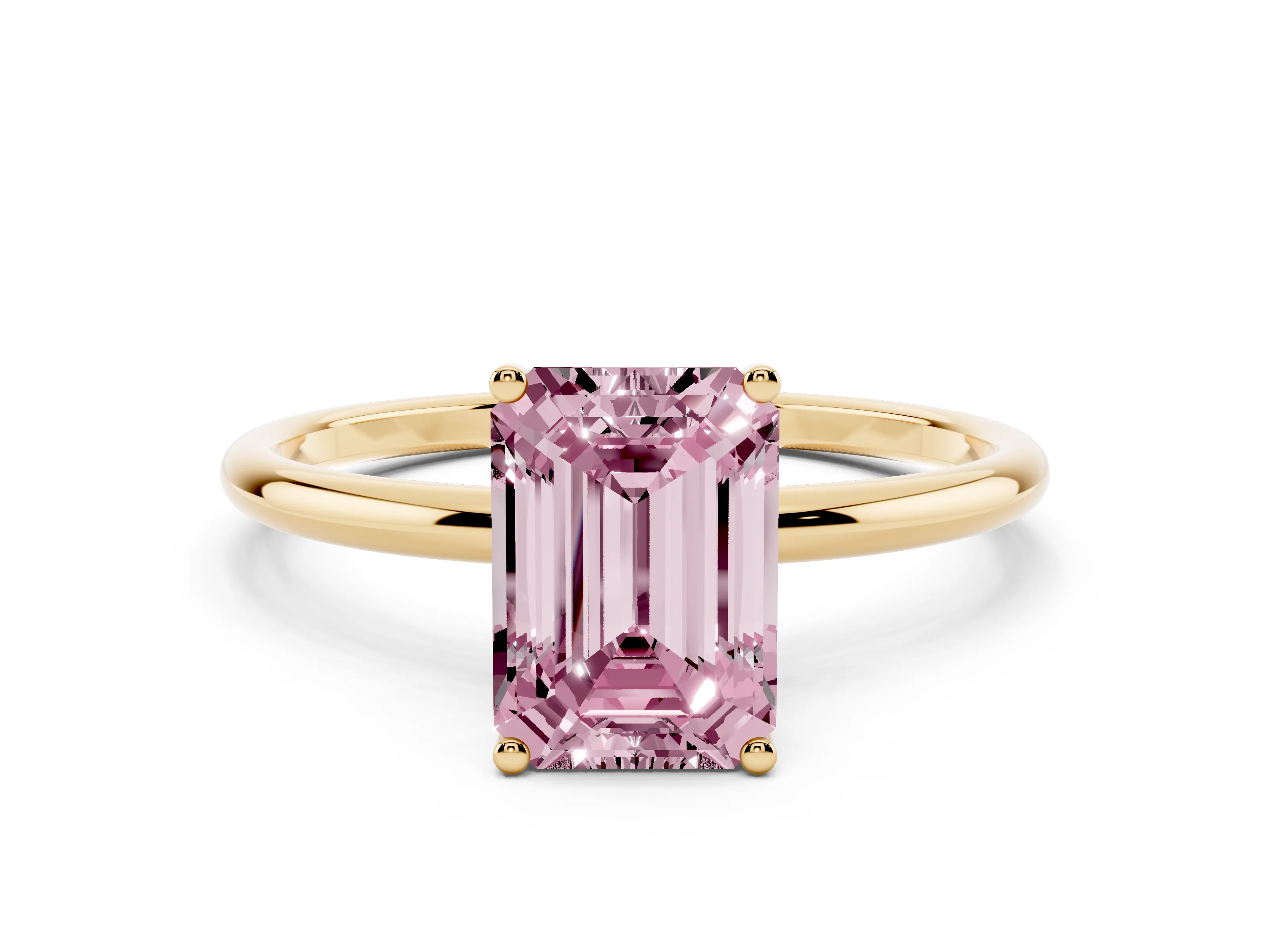 Fancy Pink Emerald Cut Diamond Solitaire Engagement Ring Set in Yellow gold with Thin Band and Prong Setting