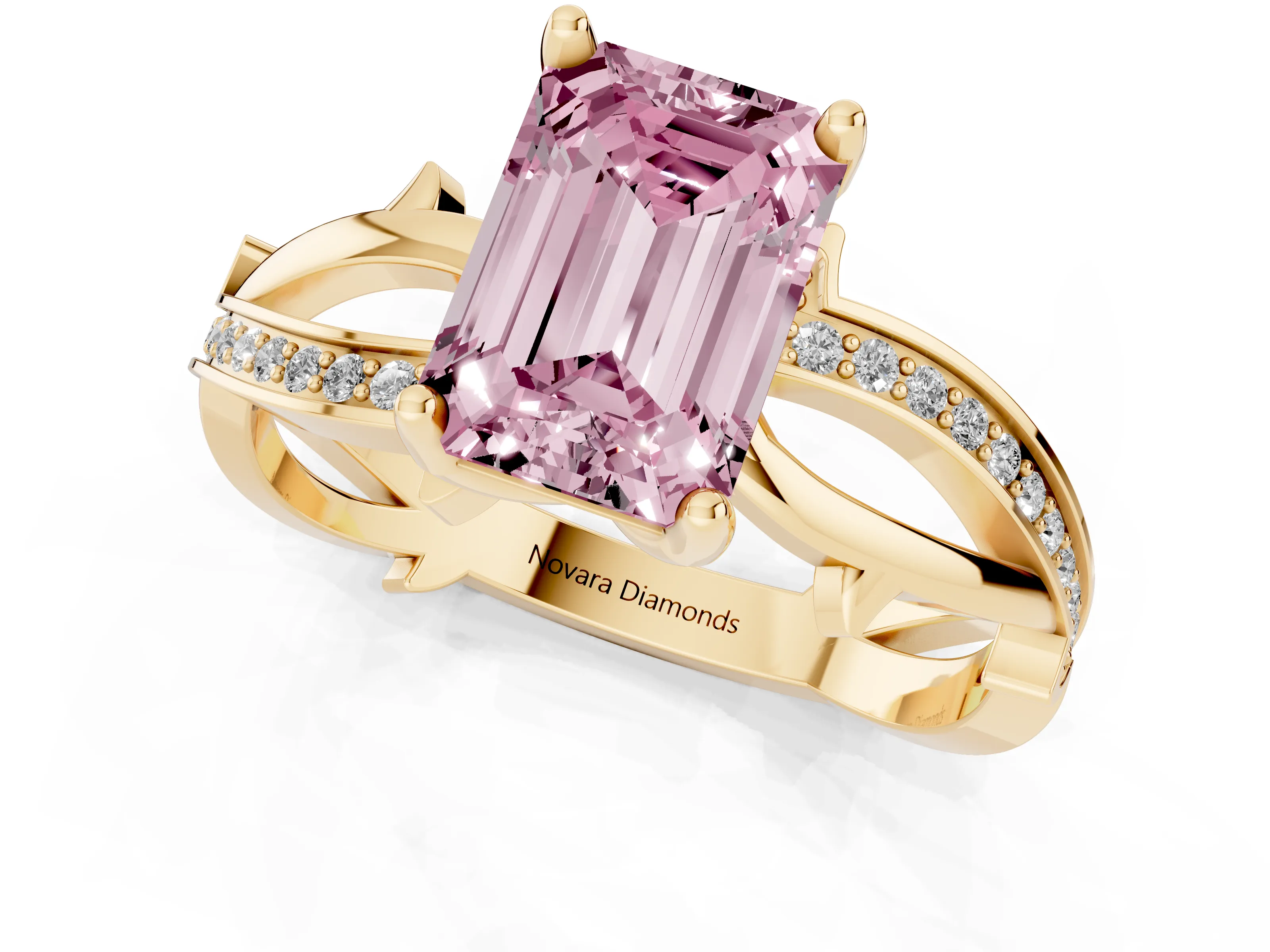 Fancy Pink Emerald Cut Diamond Pavé Twist Band Solitaire Ring Set in Yellow gold with Prong Setting