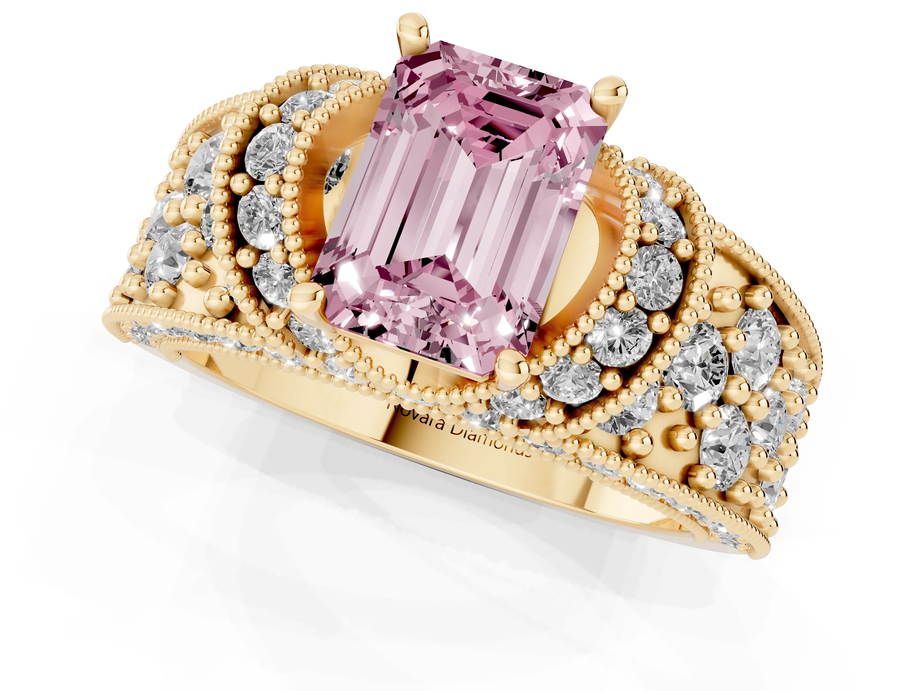Fancy Pink Emerald Cut Diamond Milgrain Halo Pavé Engagement Ring Set in Yellow gold with Prong Setting
