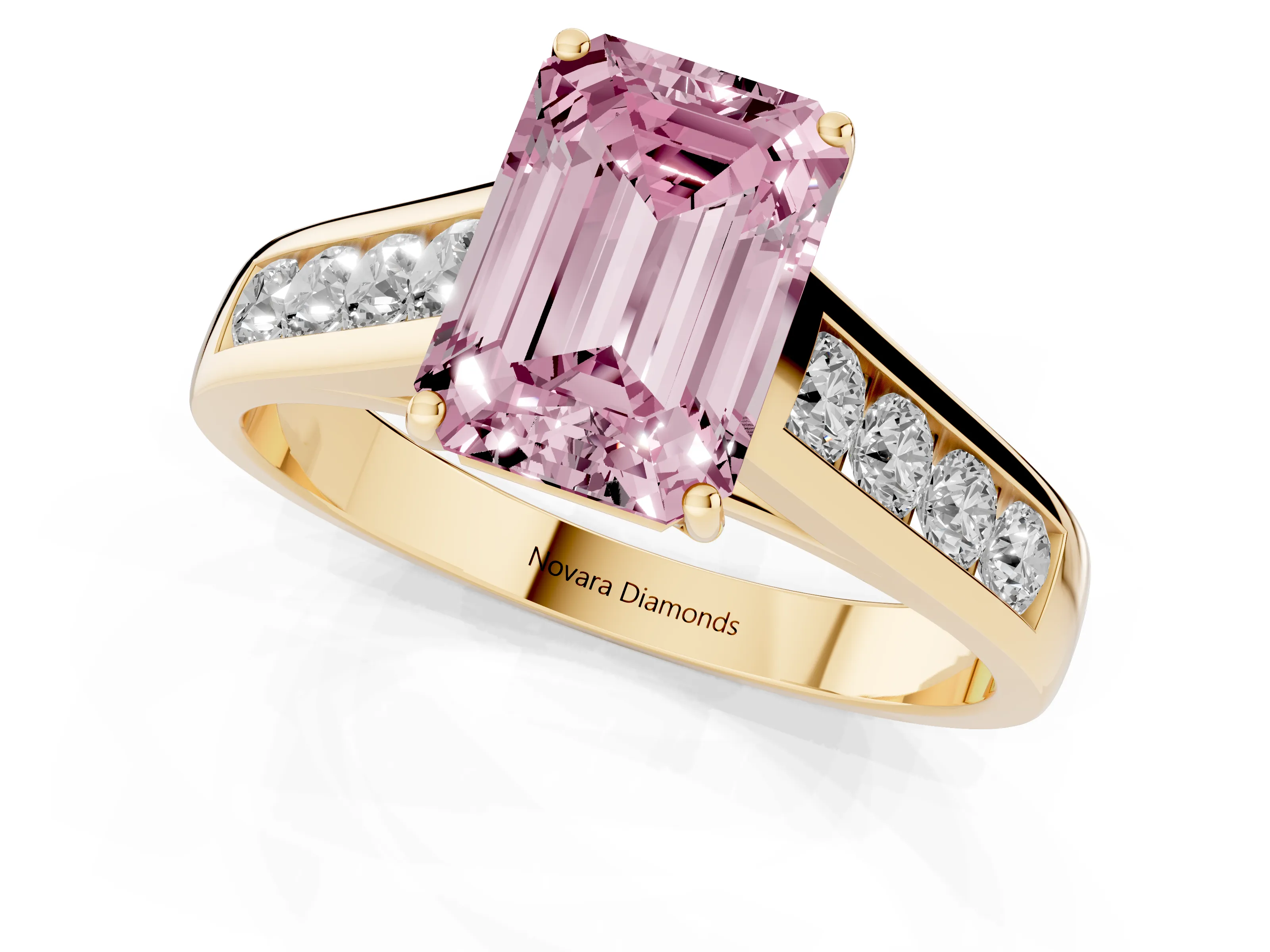 Fancy Pink Emerald Cut Diamond Solitaire Channel-Set Engagement Ring Set in Yellow gold with Prong Setting