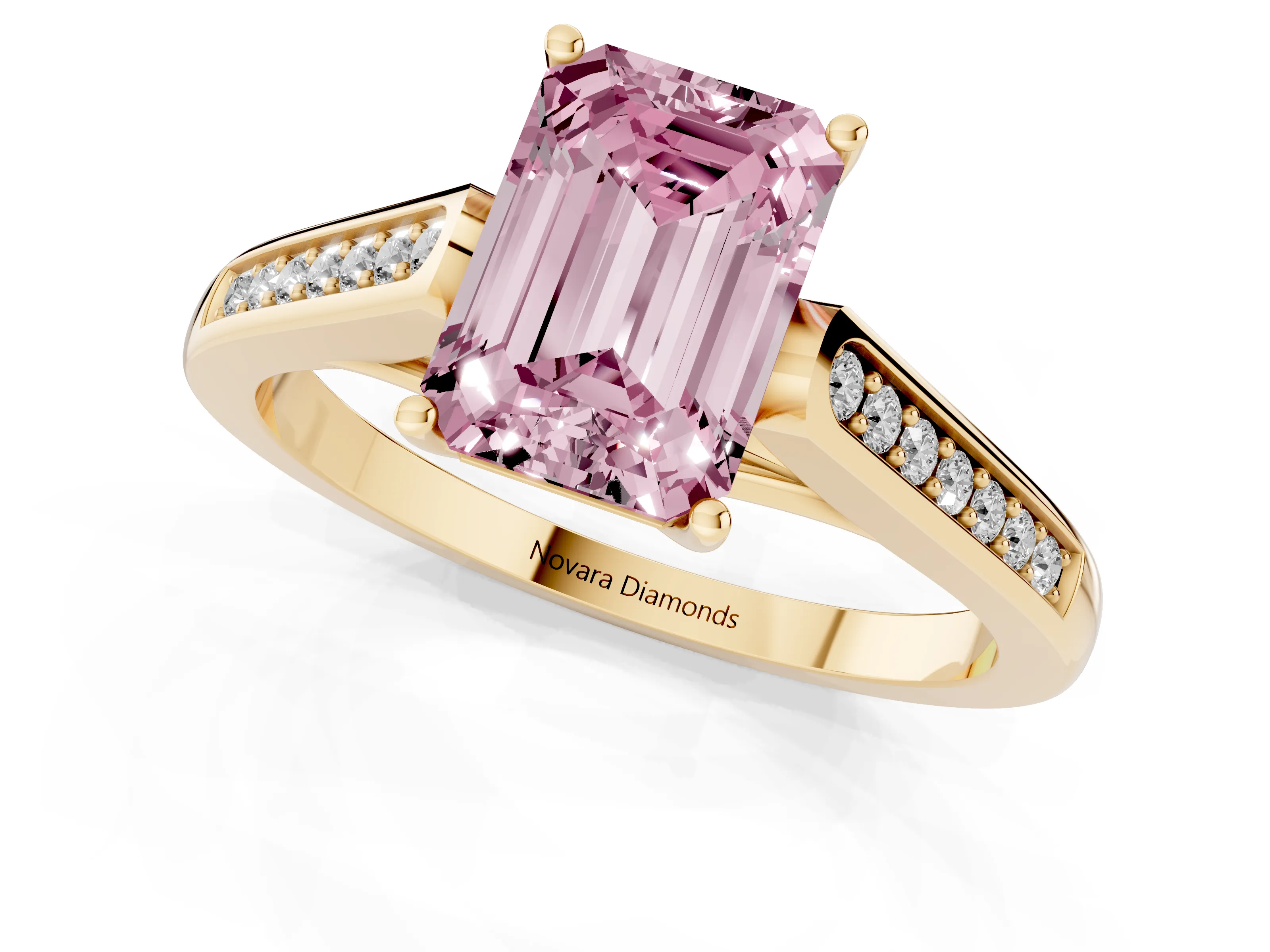 Fancy Pink Emerald Cut Diamond Solitaire Cathedral Engagement Ring Set in Yellow gold with Channel-Set Band and Prong Setting
