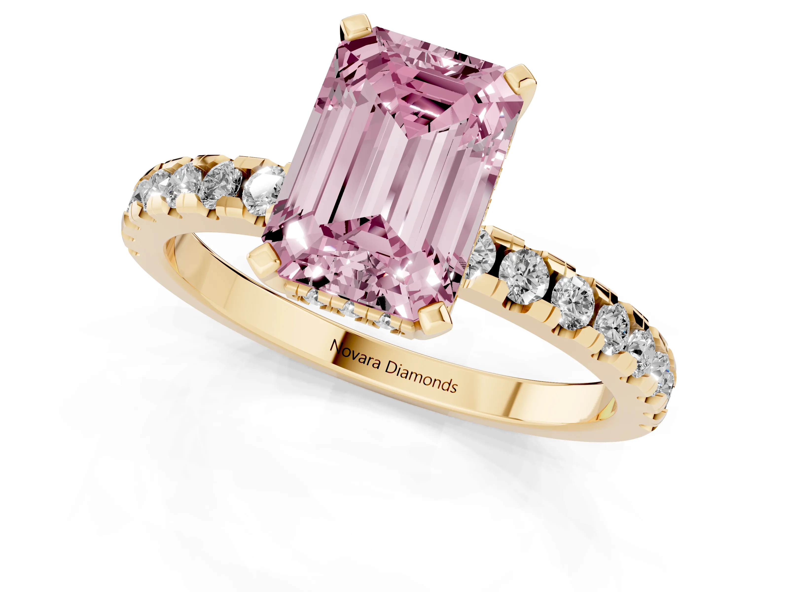 Fancy Pink Emerald Cut Diamond Pavé Solitaire Ring Set in Yellow gold with Round Band Accents and Prong Setting
