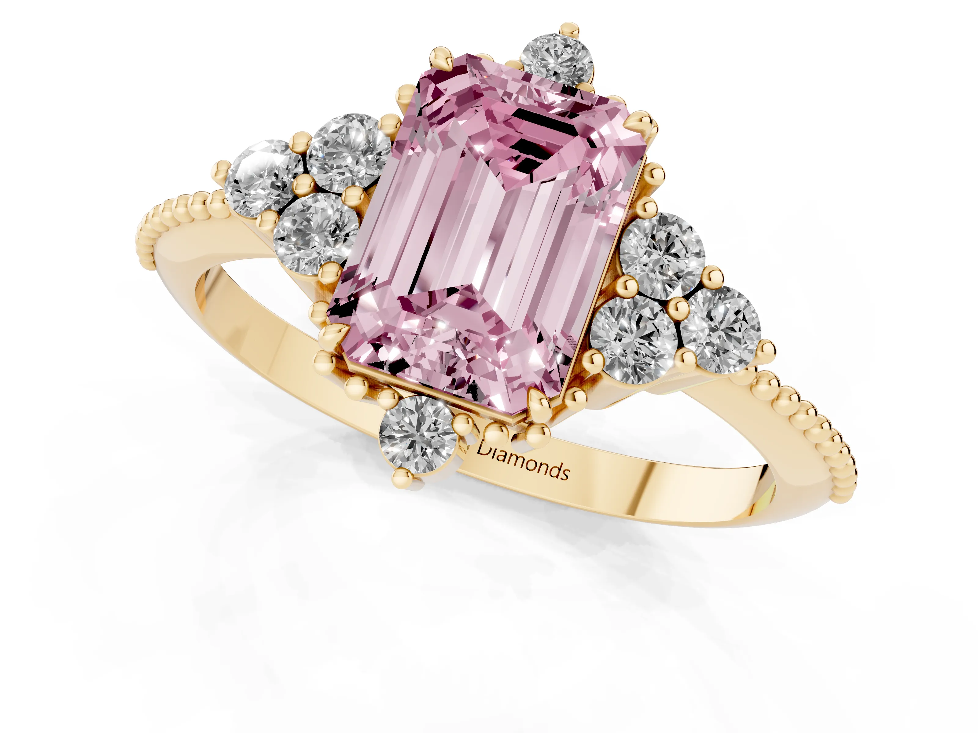 Fancy Pink Emerald Cut Diamond Cluster Ring Set in Yellow gold with Beaded Band