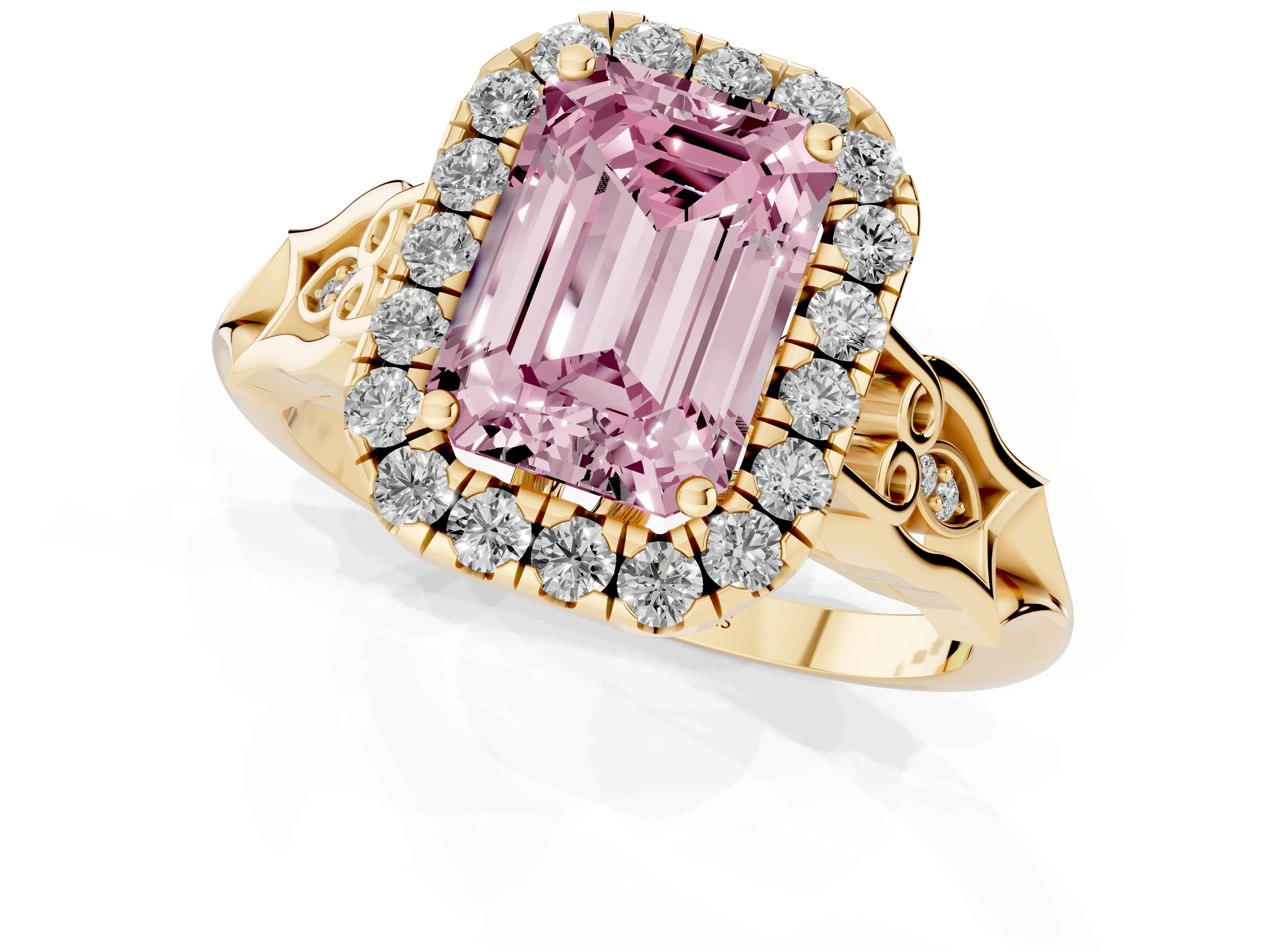 Fancy Pink Emerald Cut Diamond Halo Engagement Ring Set in Yellow gold with Filigree Band and Prong-Set Center