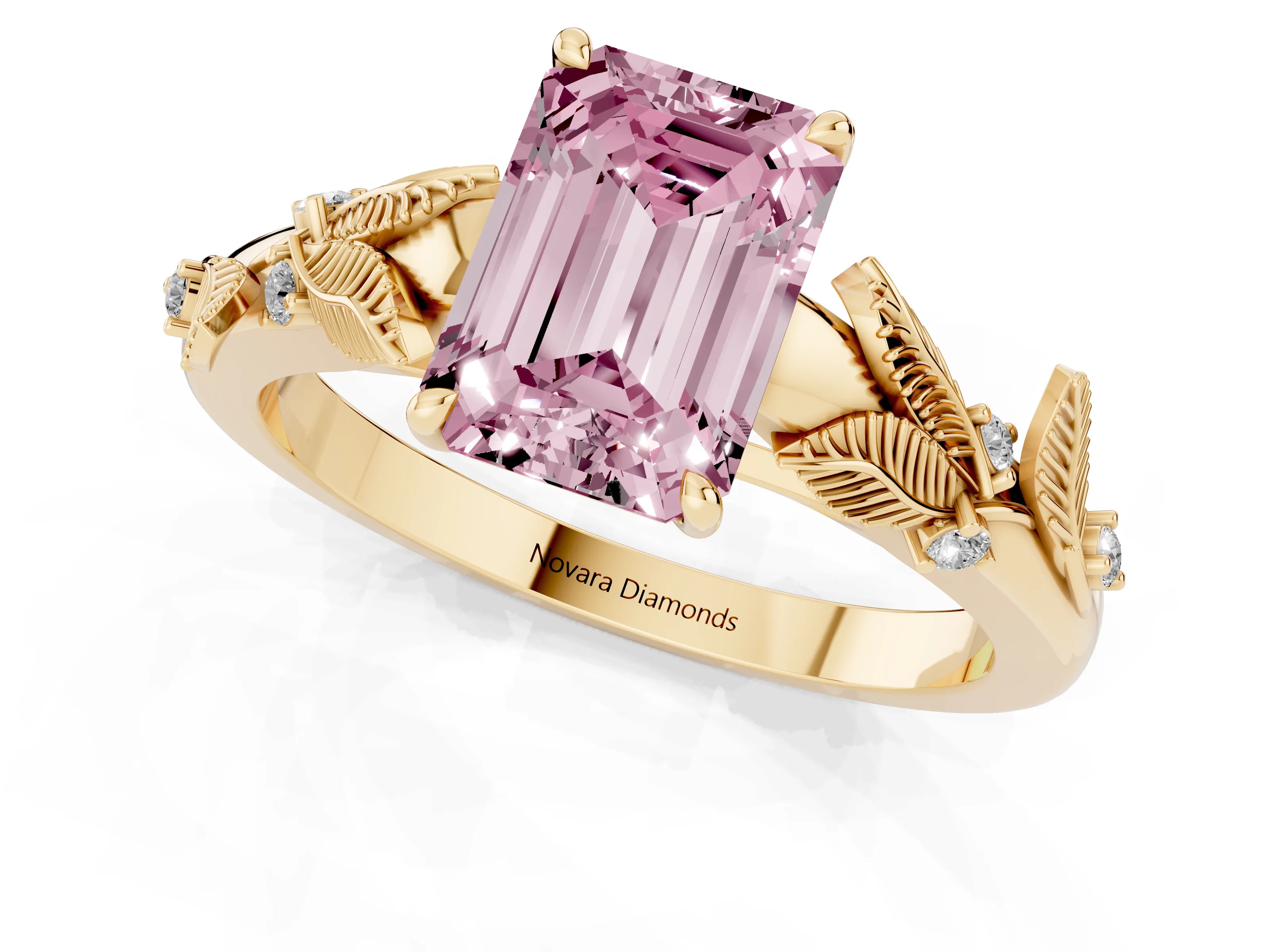 Fancy Pink Emerald Cut Diamond Solitaire Ring Set in Yellow gold with Leaf Motif Band