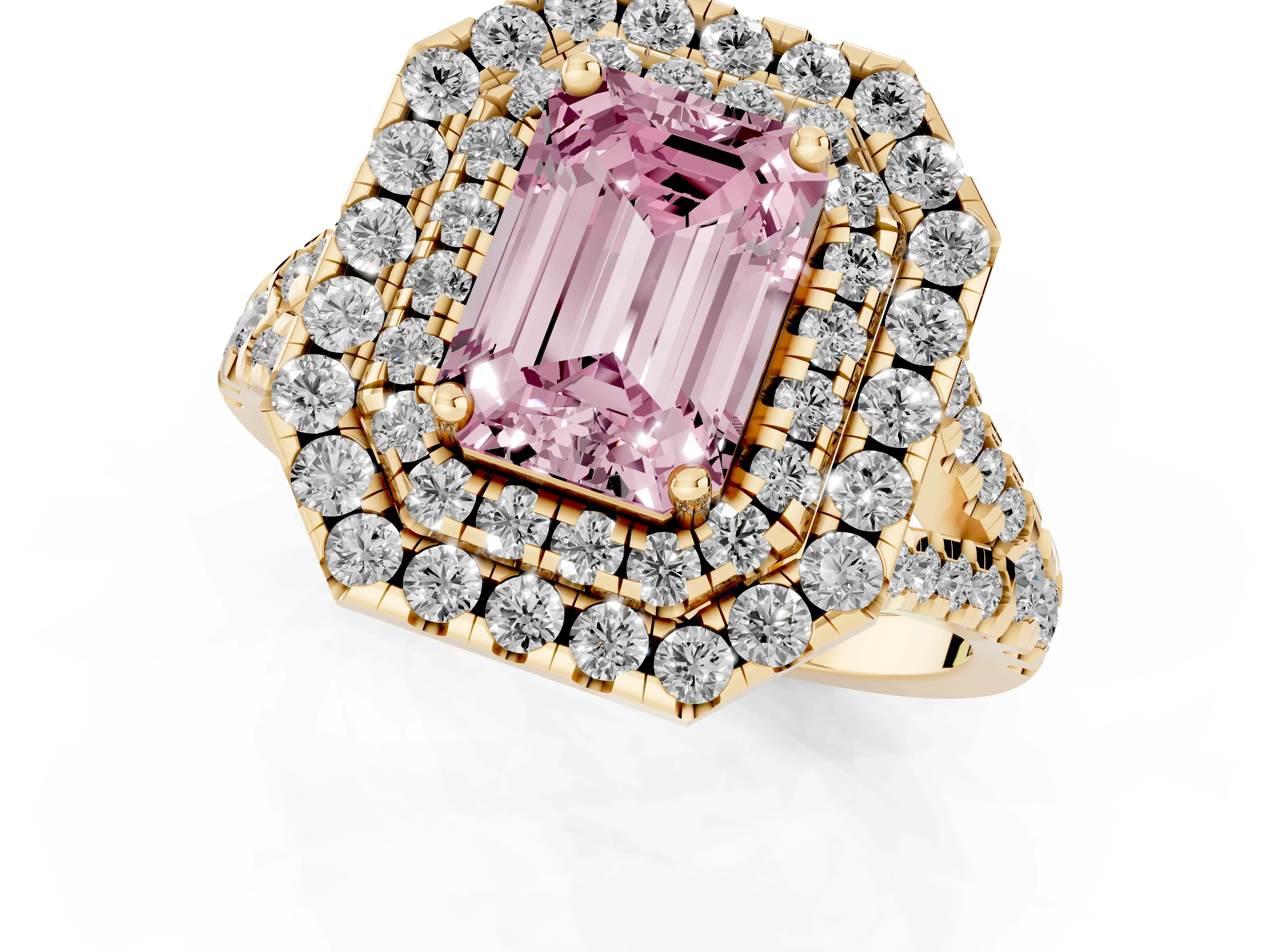 Fancy Pink Emerald Cut Diamond Double Halo Ring Set in Yellow gold with Pavé Split Shank and Prong Setting