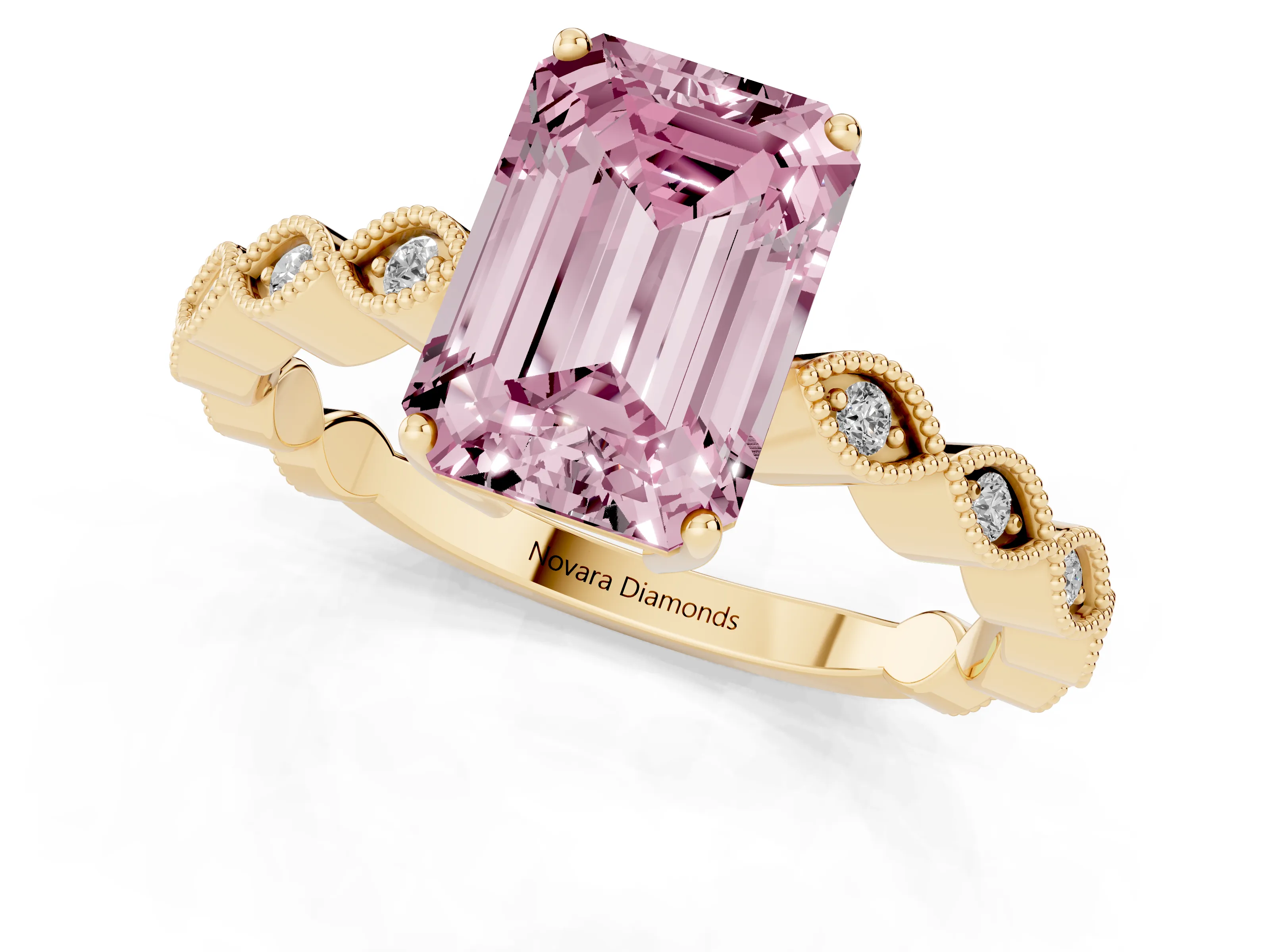 Fancy Pink Emerald Cut Diamond Solitaire Ring Set in Yellow gold with Infinity Twist Pavé Band