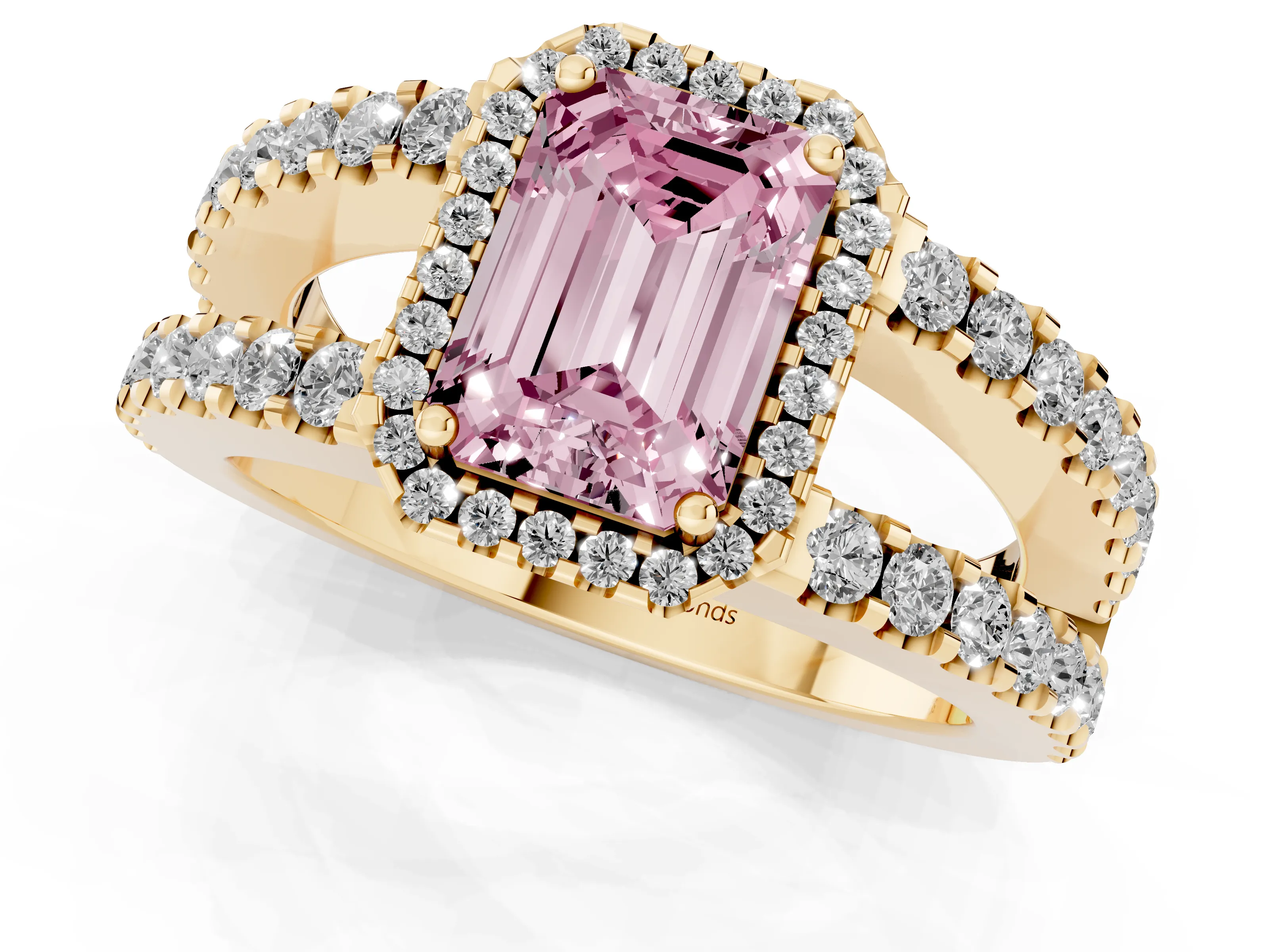 Fancy Pink Emerald Cut Diamond Halo Ring Set in Yellow gold with Pavé Split Shank and Prong Setting