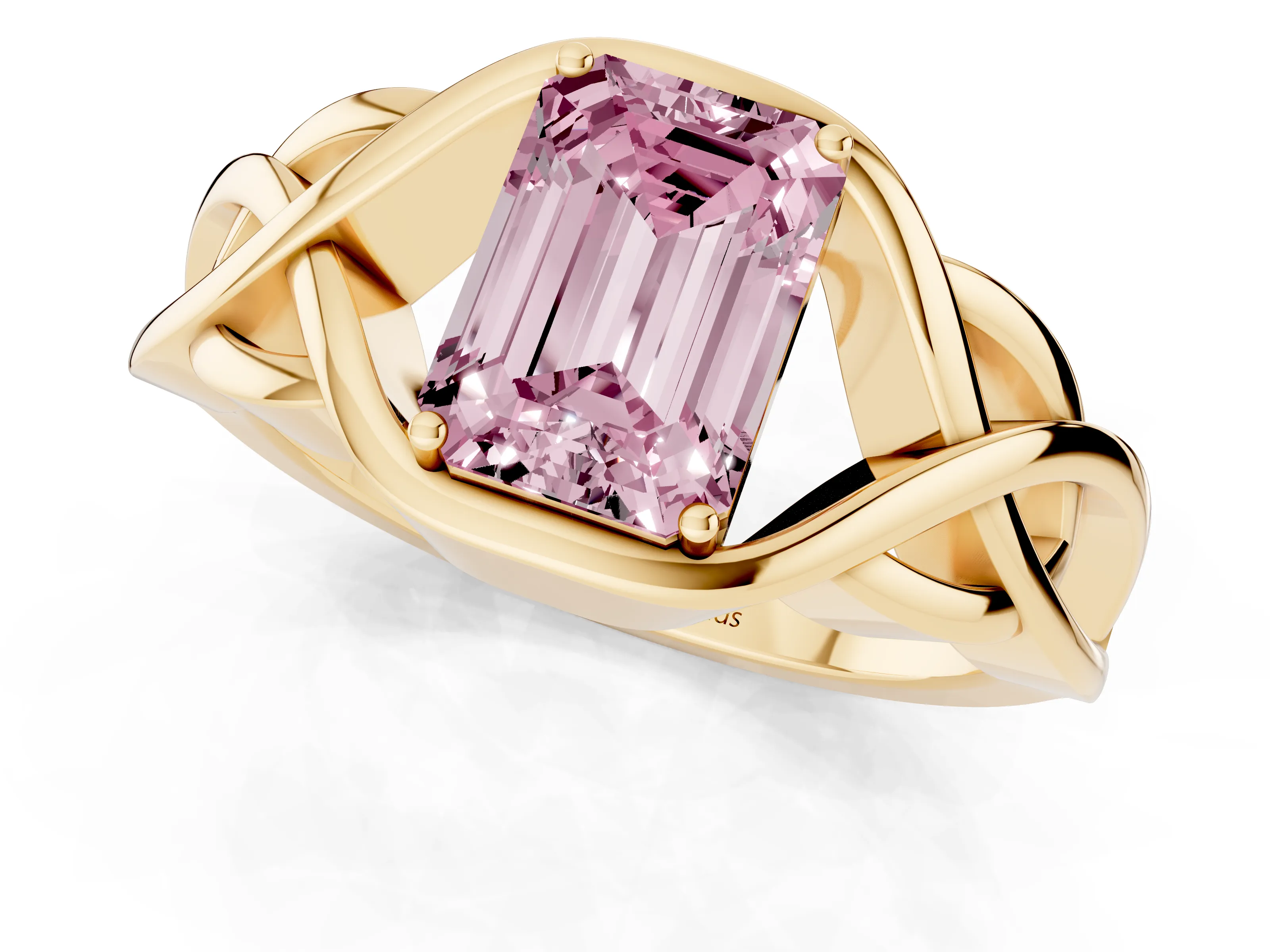 Fancy Pink Emerald Cut Diamond Solitaire Ring Set in Yellow gold with Intertwined Band