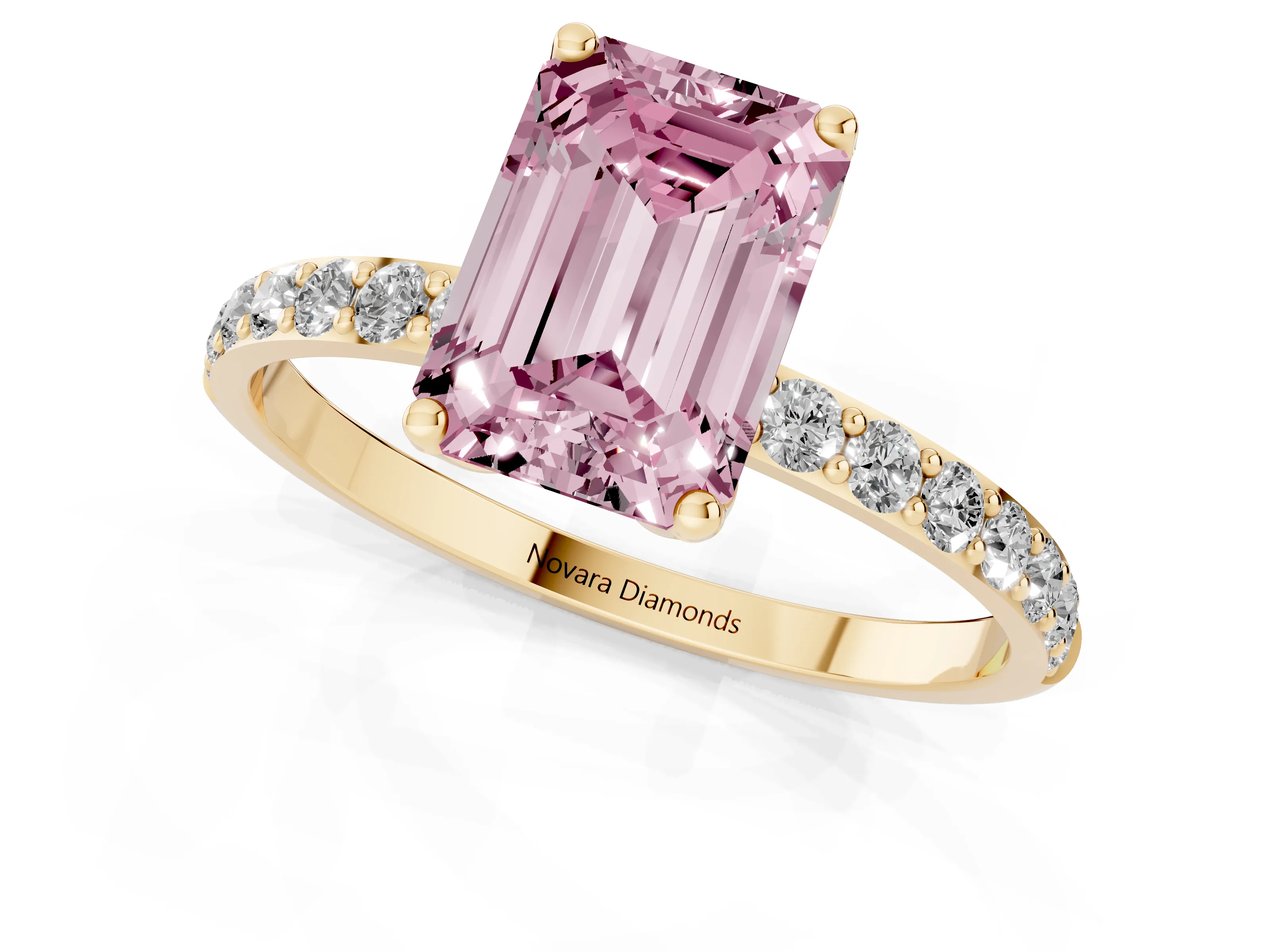Fancy Pink Emerald Cut Diamond Solitaire Engagement Ring Set in Yellow gold with Round Pavé Band and Prong Setting