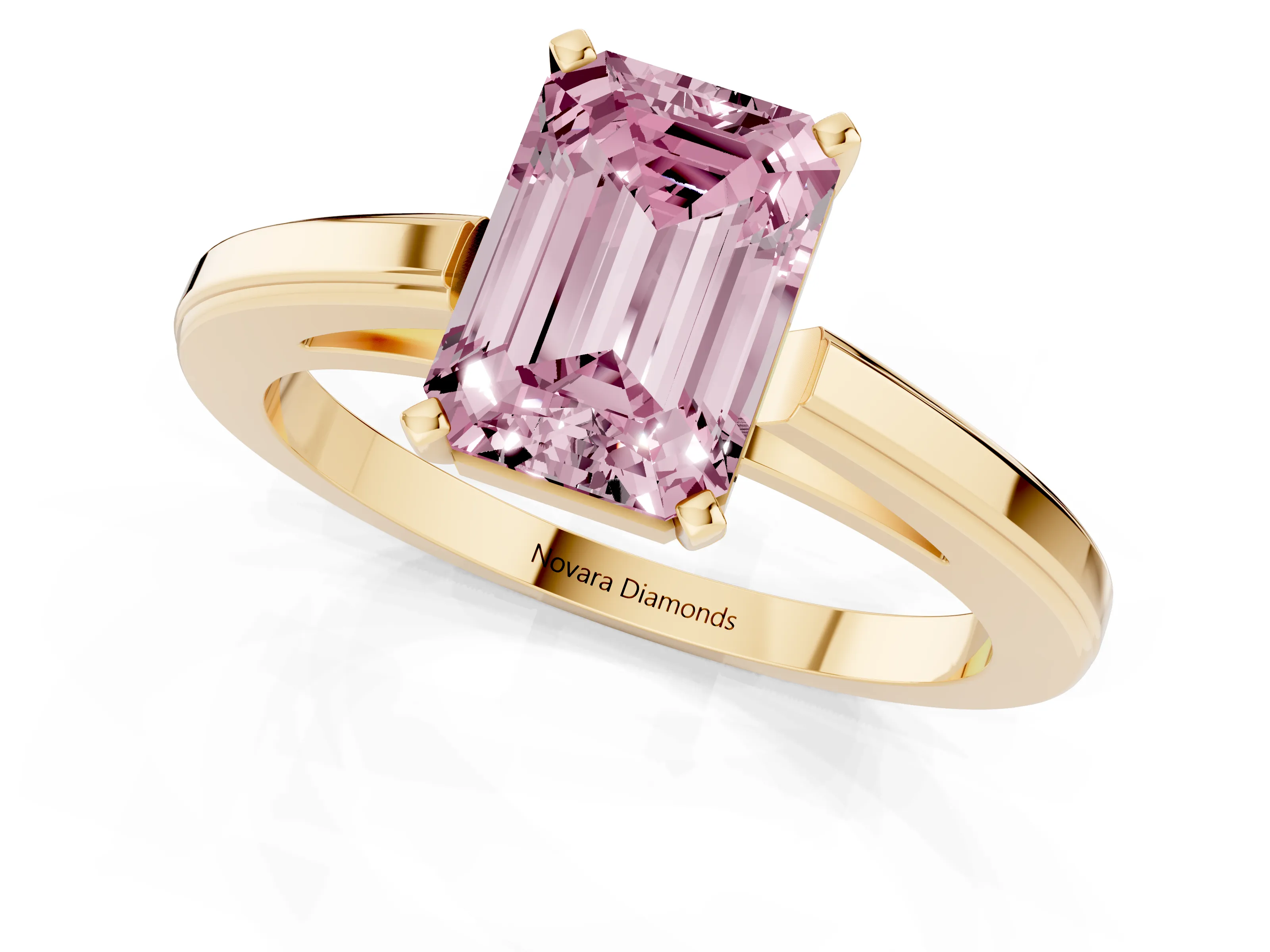 Fancy Pink Emerald Cut Diamond Solitaire Ring Set in Yellow gold with Prong Setting and Classic Band