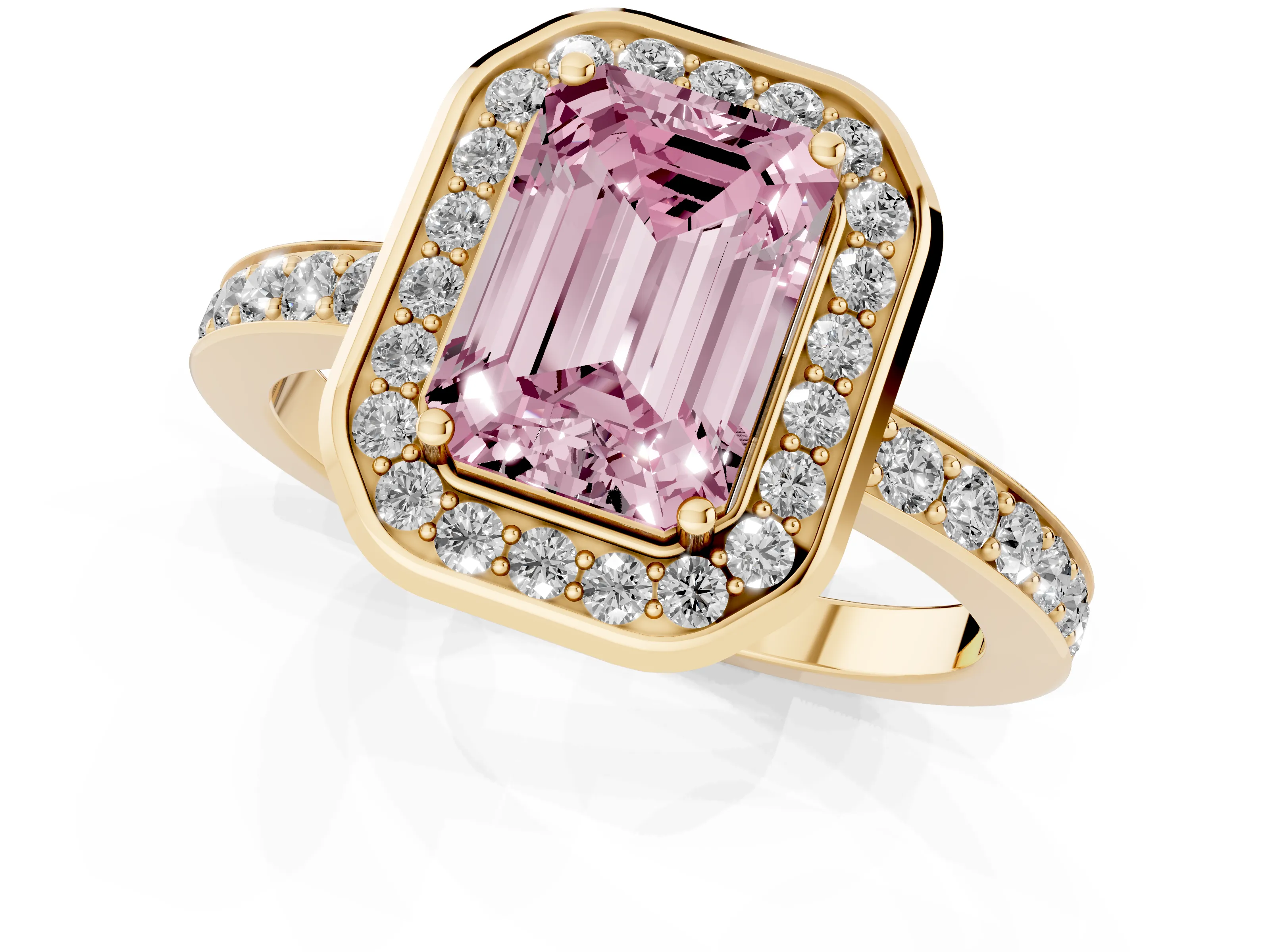 Fancy Pink Emerald Cut Diamond Halo Ring Set in Yellow gold with Bezel Frame and Pavé Band