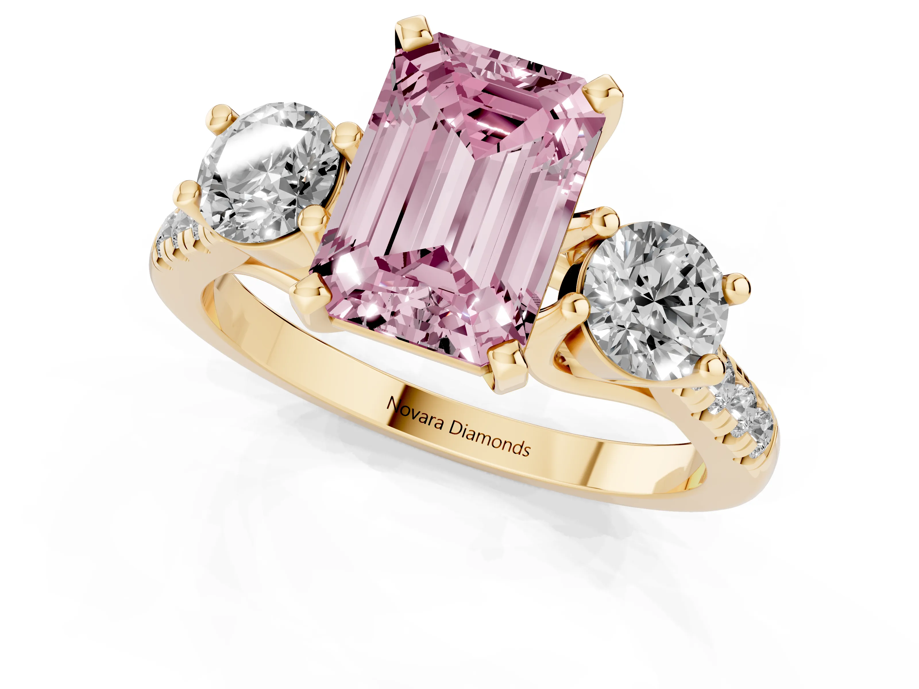 Fancy Pink Three-Stone Emerald Cut Diamond Pavé Band Ring Set in Yellow gold with Prong-Set Trio