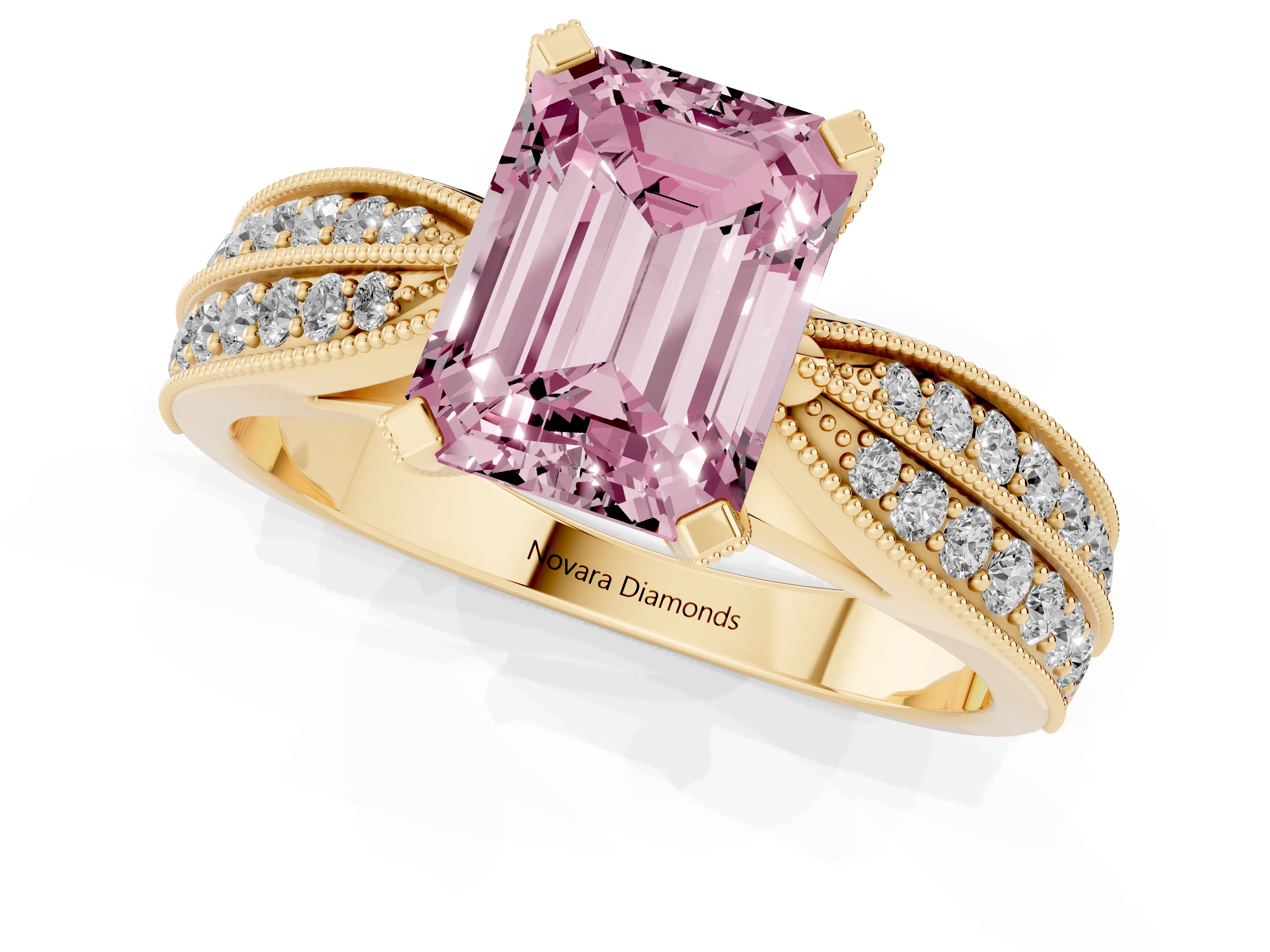 Fancy Pink Emerald Cut Diamond Solitaire Ring Set in Yellow gold with Milgrain Double Row Round Pavé Band