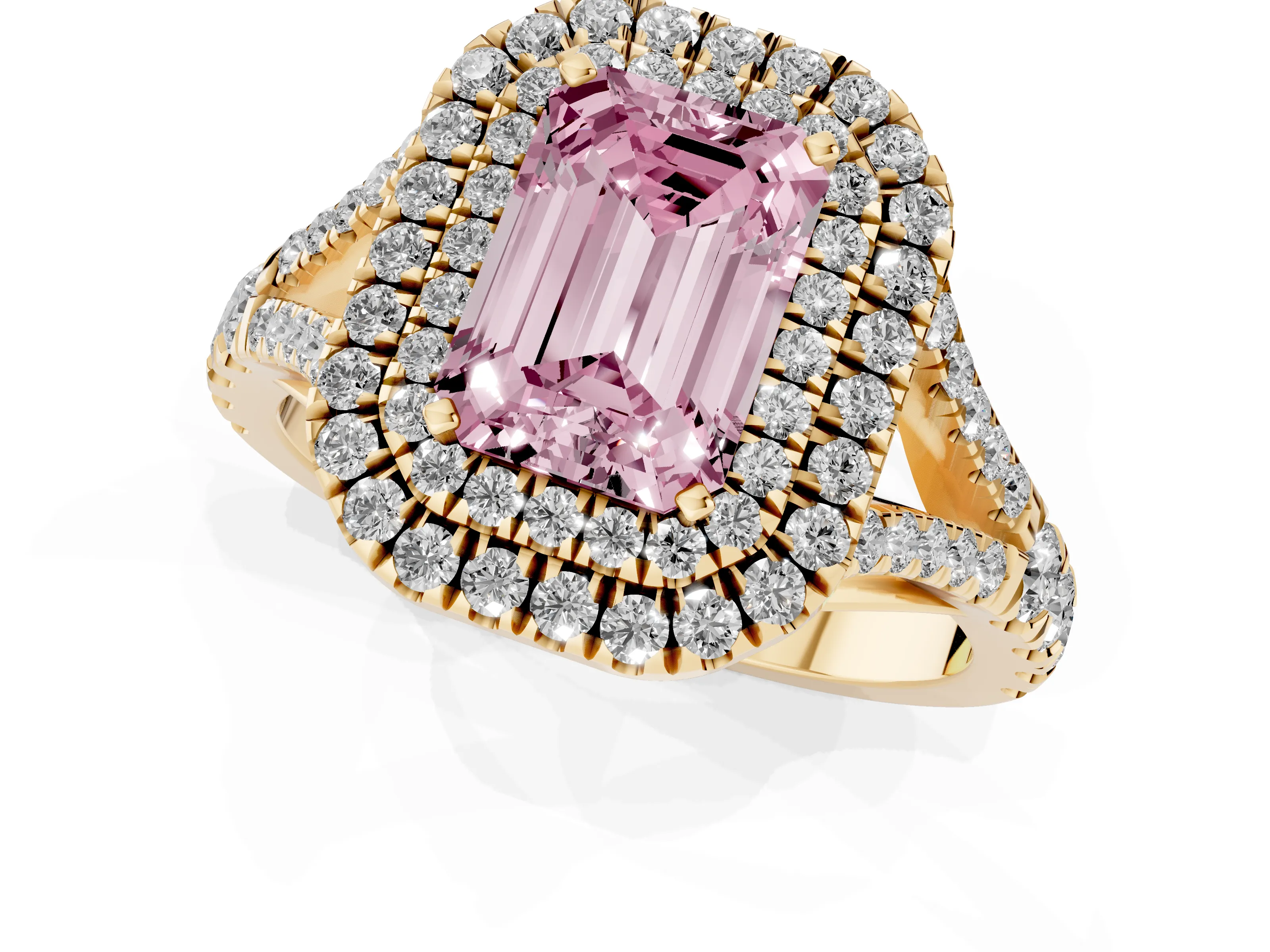 Fancy Pink Emerald Cut Diamond Pavé Split Shank Double Halo Engagement Ring Set in Yellow gold
