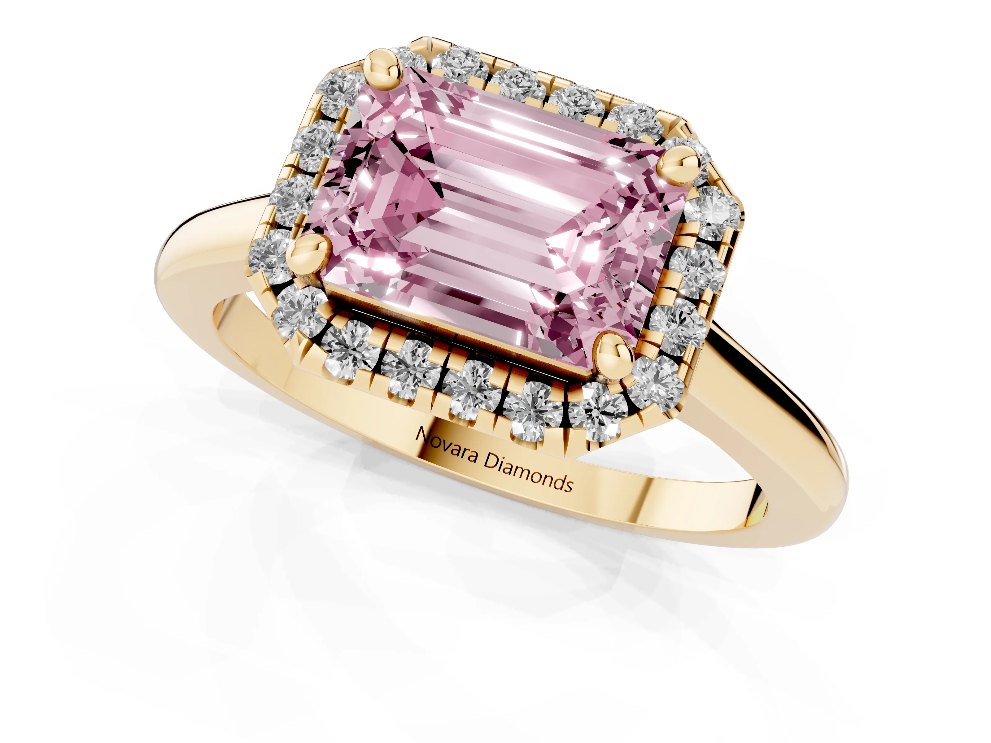 Fancy Pink Emerald Cut Diamond Halo Engagement Ring Set in Yellow gold with Pavé Band and Rising Shoulders