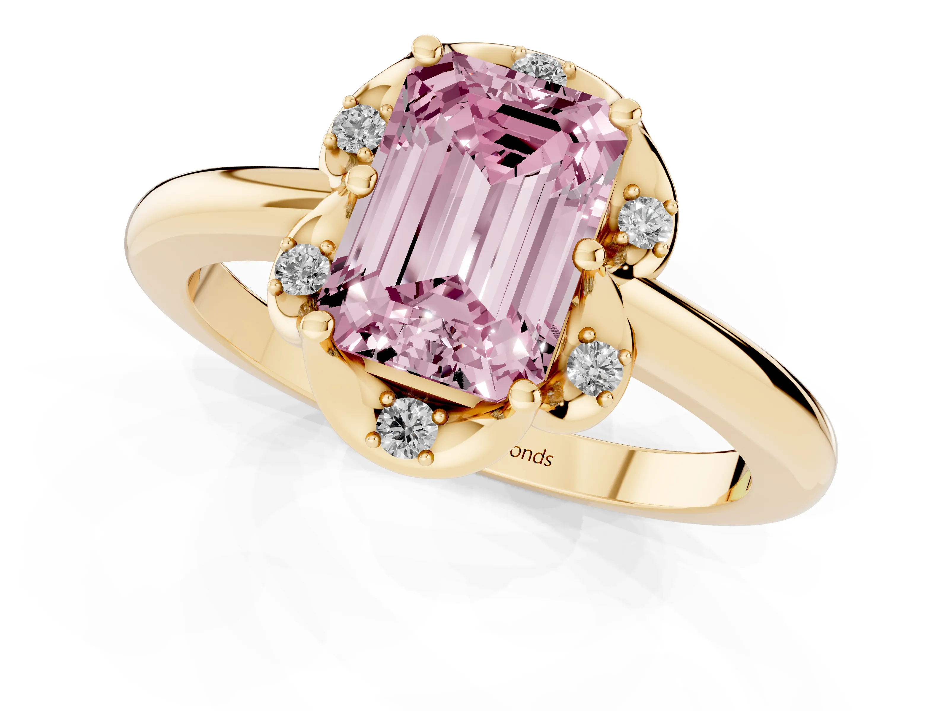 Fancy Pink Emerald Cut Diamond Round Cluster Halo Ring Set in Yellow gold with Solitaire Band and Prong Setting