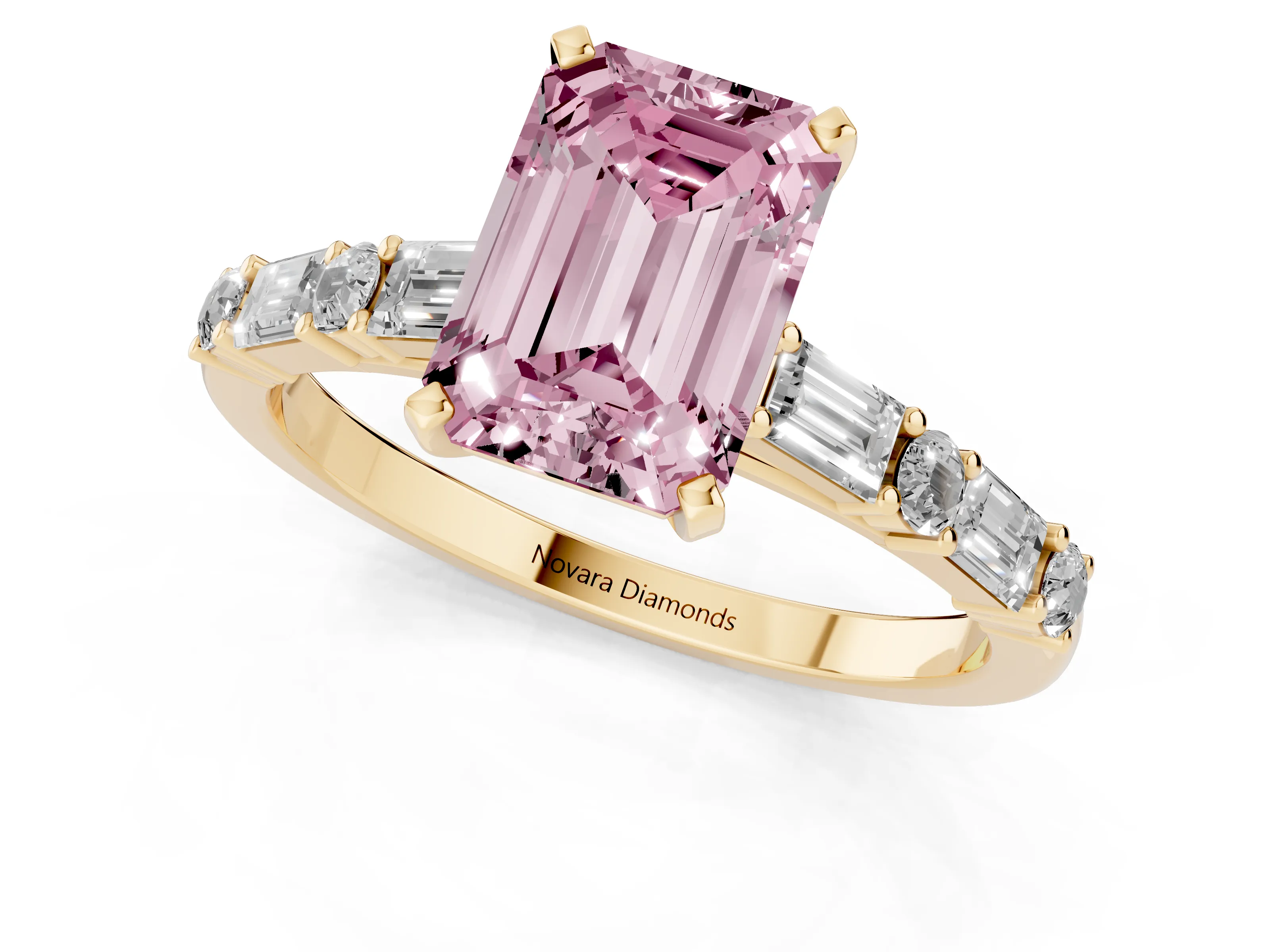 Fancy Pink Emerald Cut Diamond Solitaire Set in Yellow gold with Side Baguettes and Channel Set Band