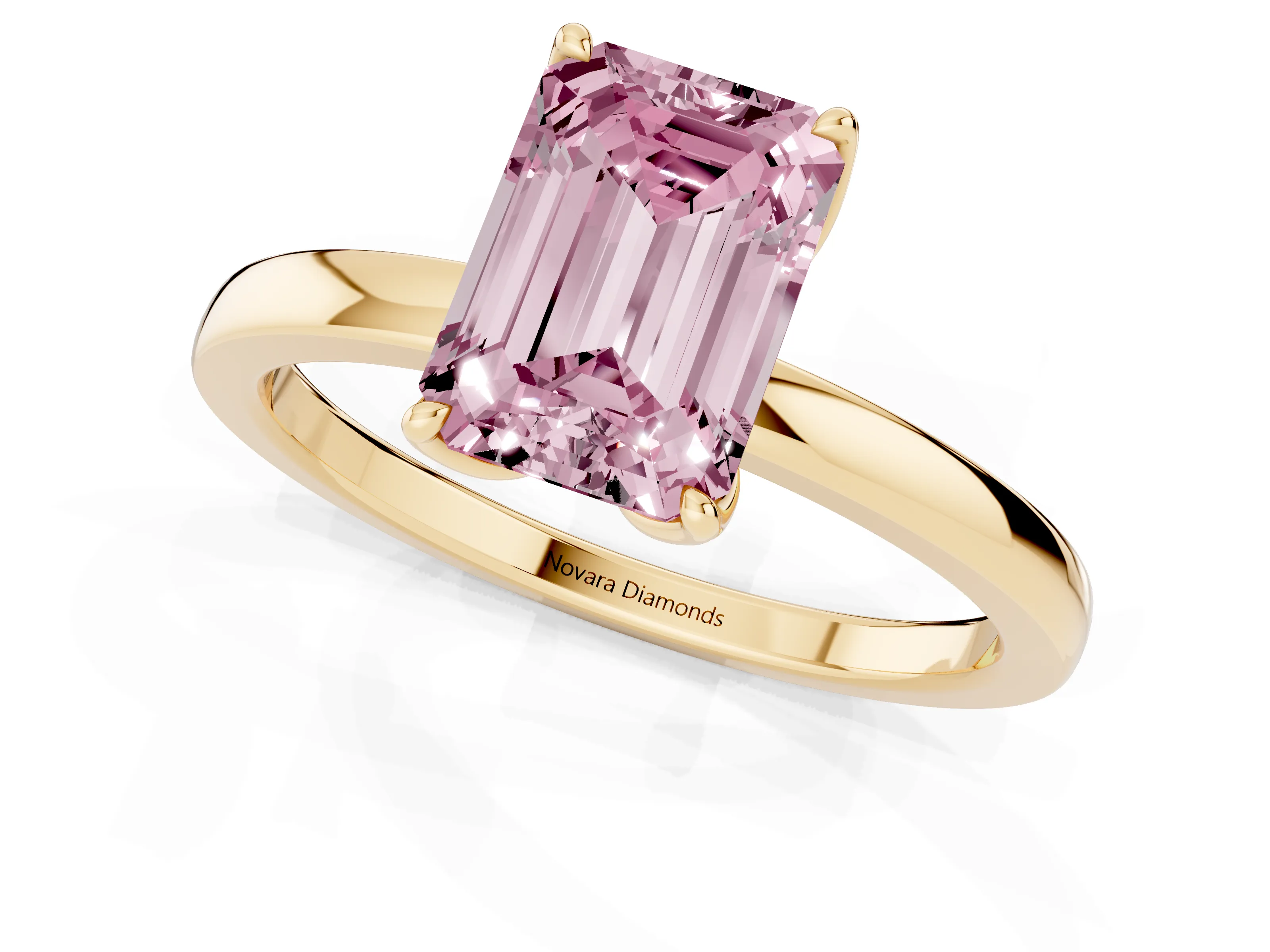 Fancy Pink Emerald Cut Diamond Solitaire Ring Set in Yellow gold with Prong Setting and Thin Polished Band