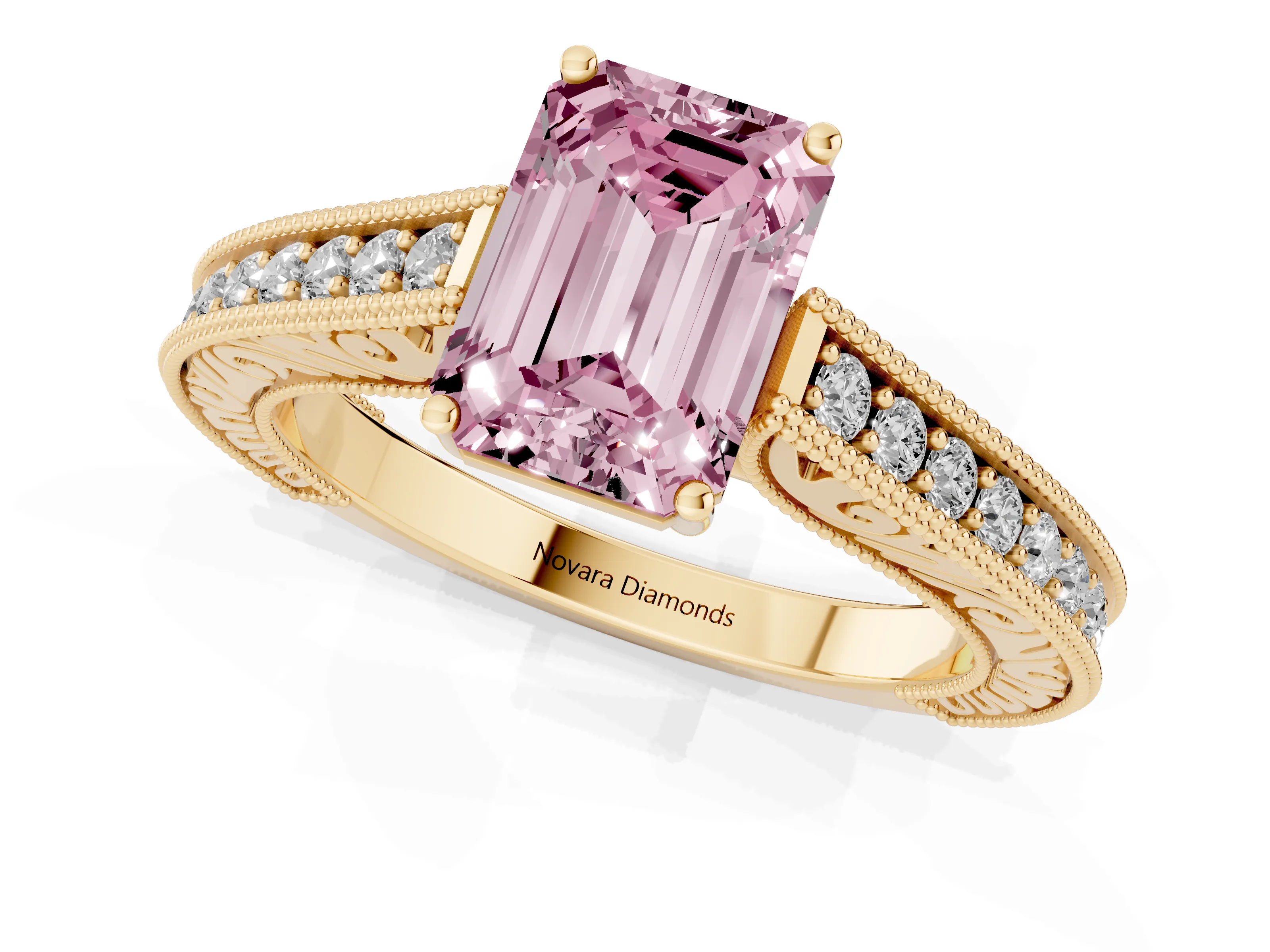 Fancy Pink Emerald Cut Diamond Milgrain Pavé Band Solitaire Ring Set in Yellow gold with Prong Setting