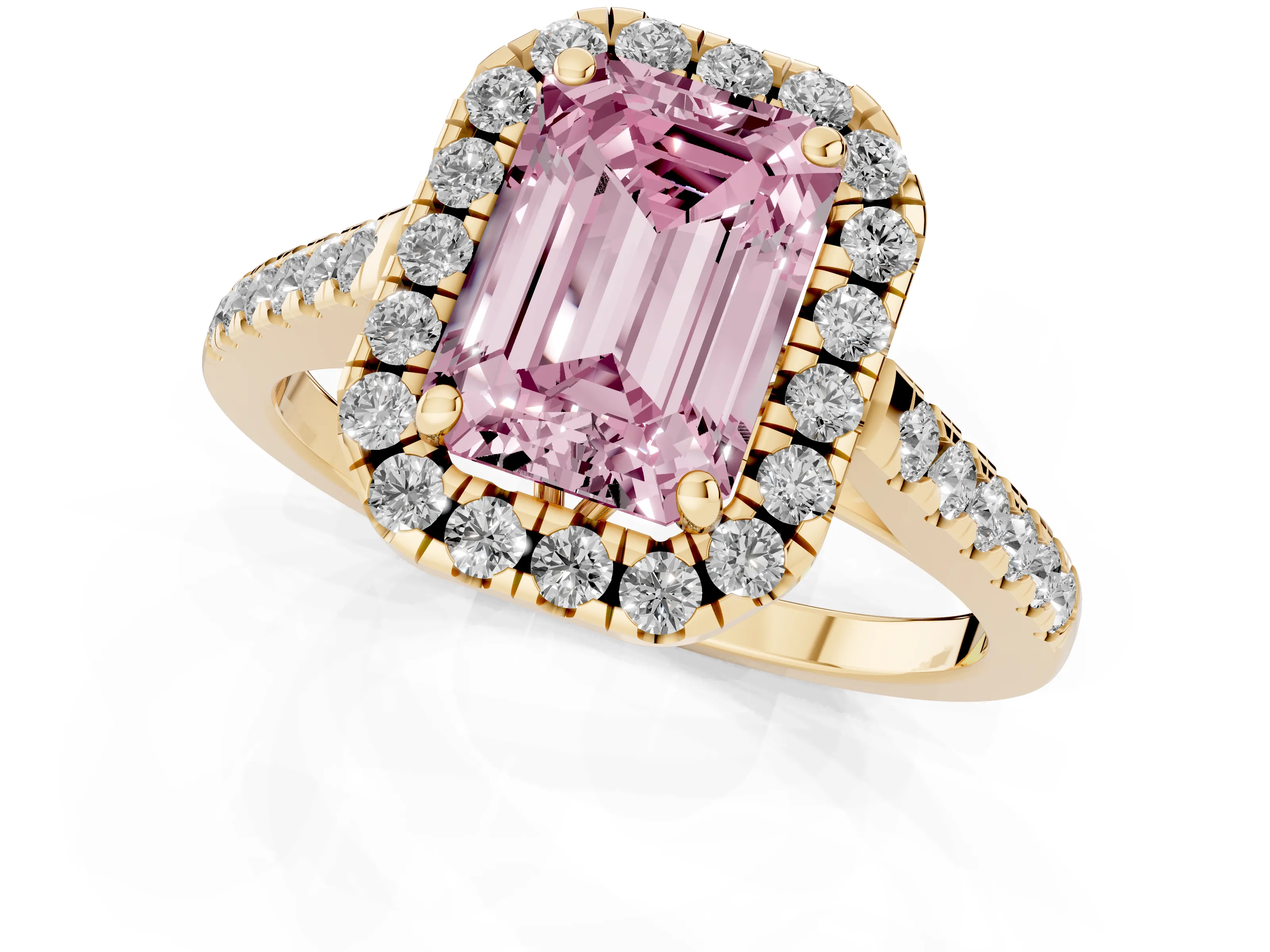 Fancy Pink Emerald Cut Diamond Pavé Halo Engagement Ring Set in Yellow gold with Pavé Band and Prong Setting