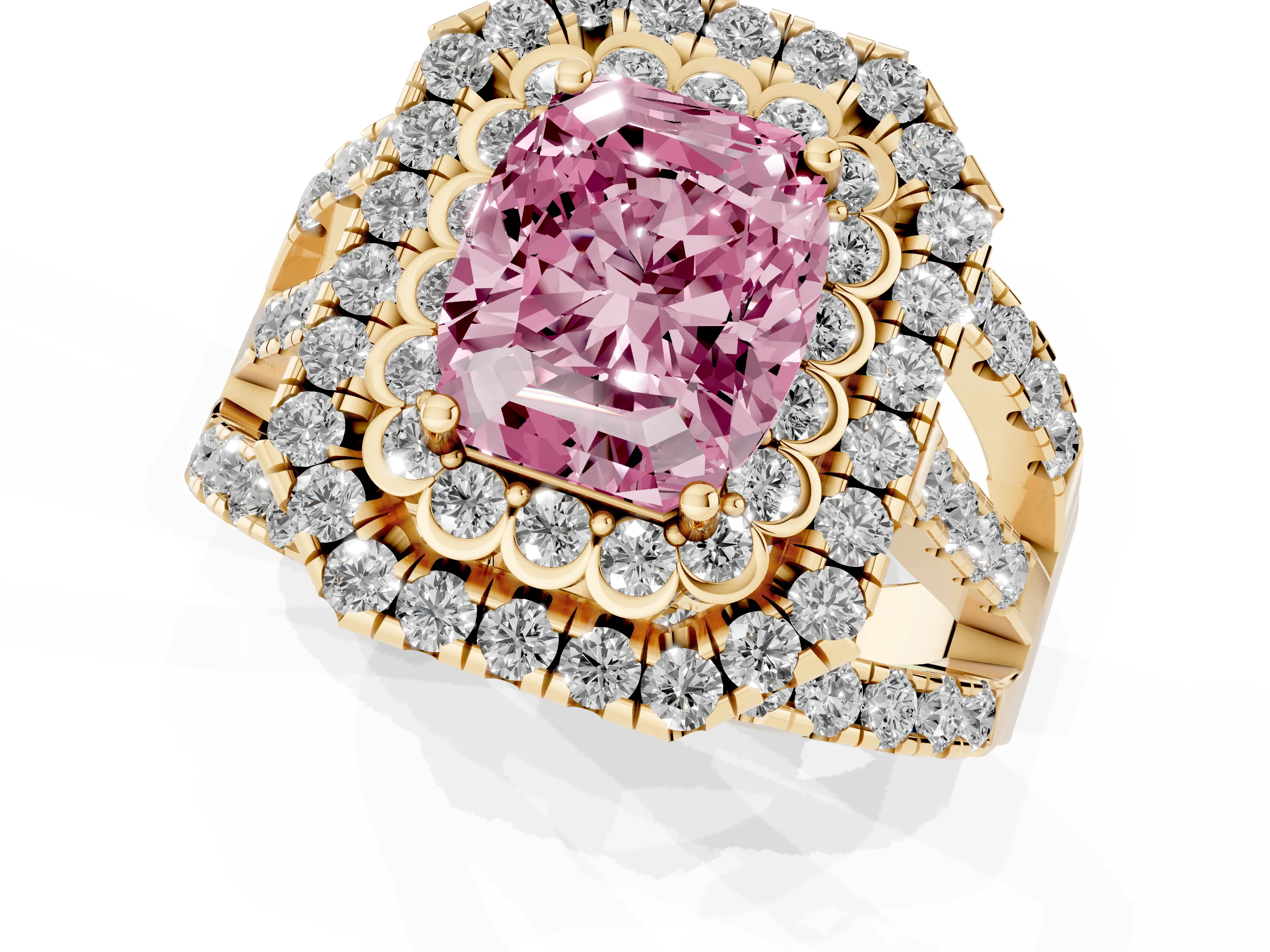 Fancy Pink Emerald Cut Diamond Double Halo Ring Set in Yellow gold with Round Pavé Split Shank