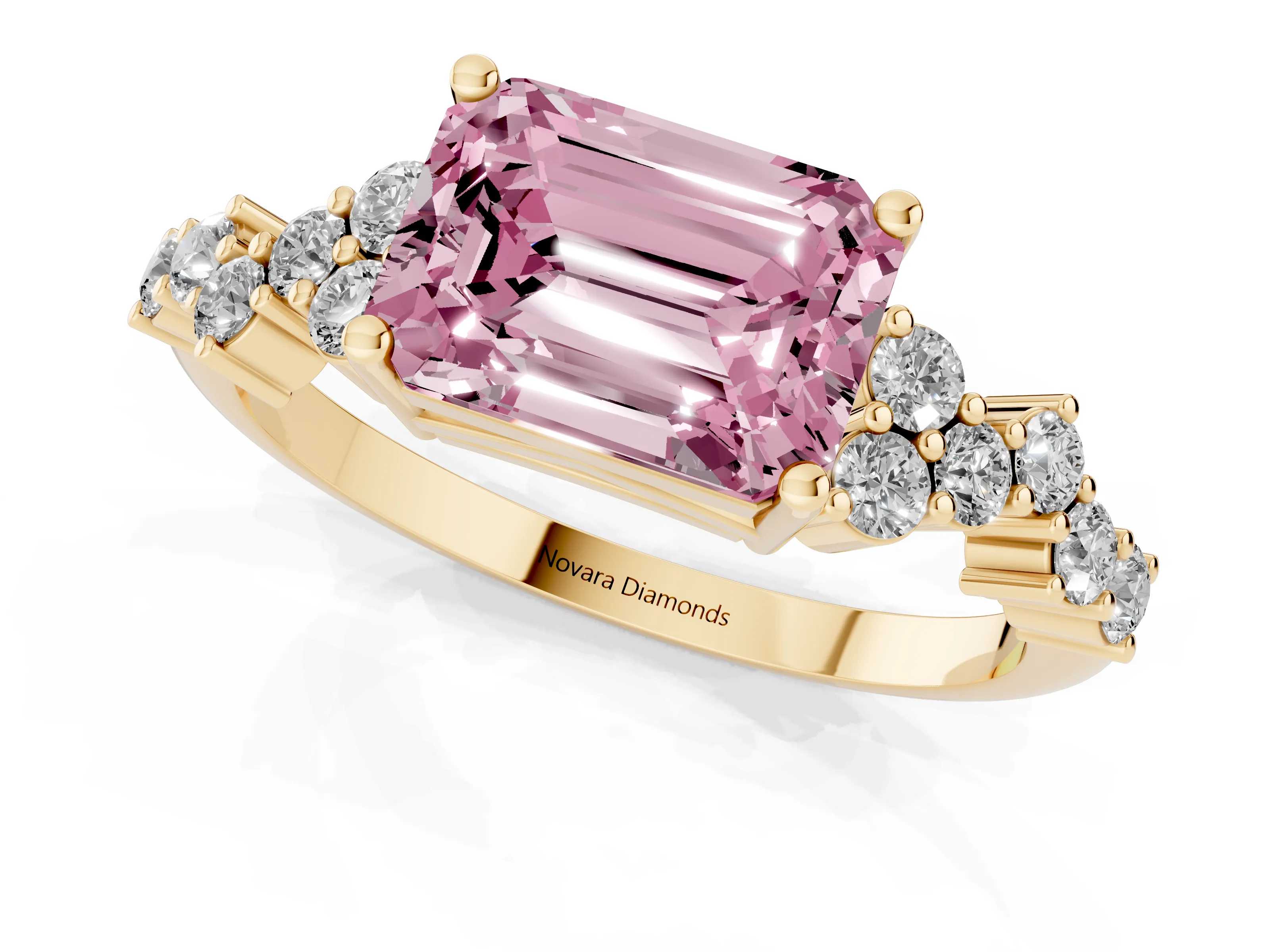 Fancy Pink Emerald Cut Diamond Ring Set in Yellow gold with Scattered Round Accents