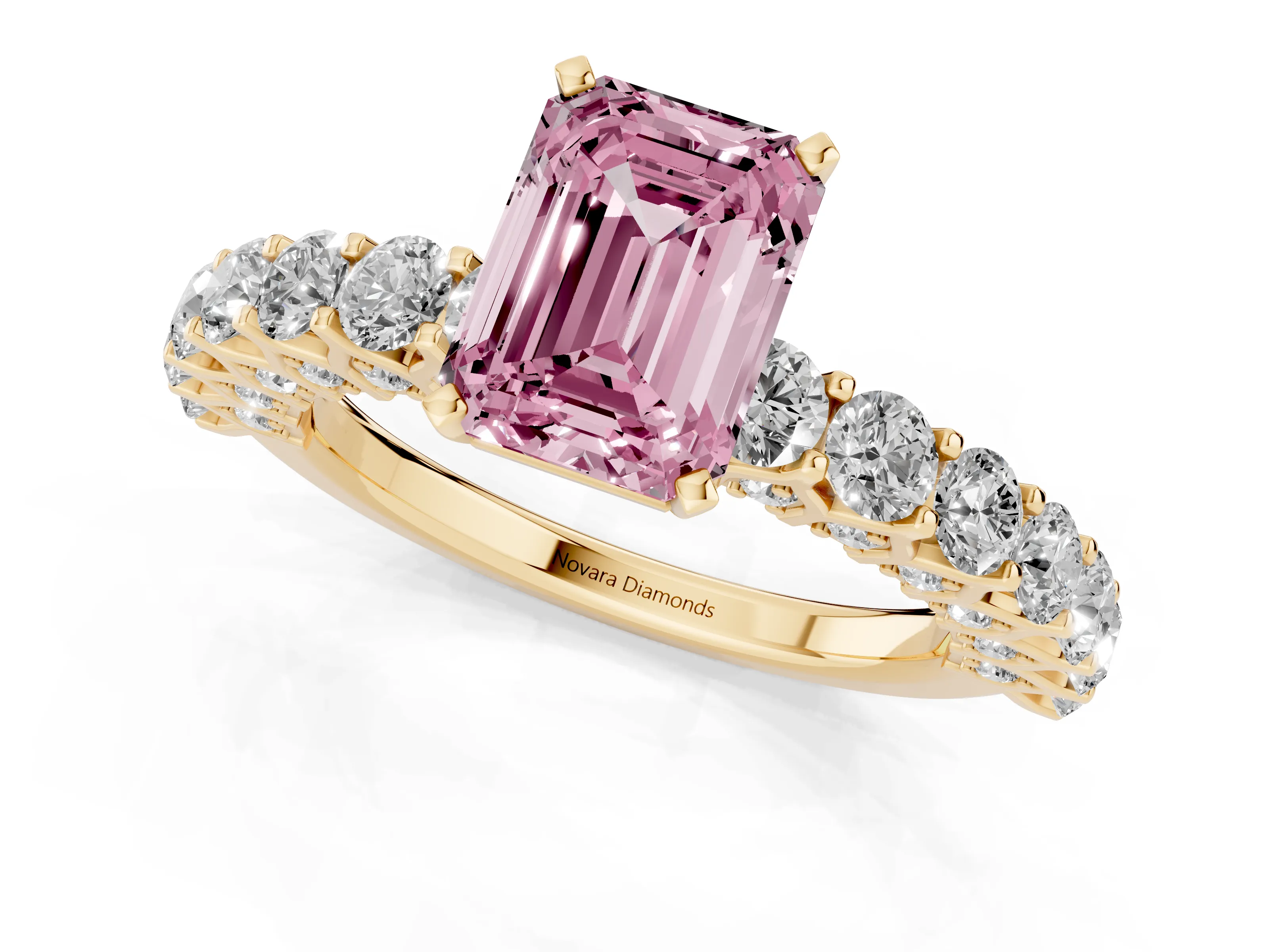 Fancy Pink Emerald Cut Diamond Solitaire Ring Set in Yellow gold with Shared Prong Pavé Band