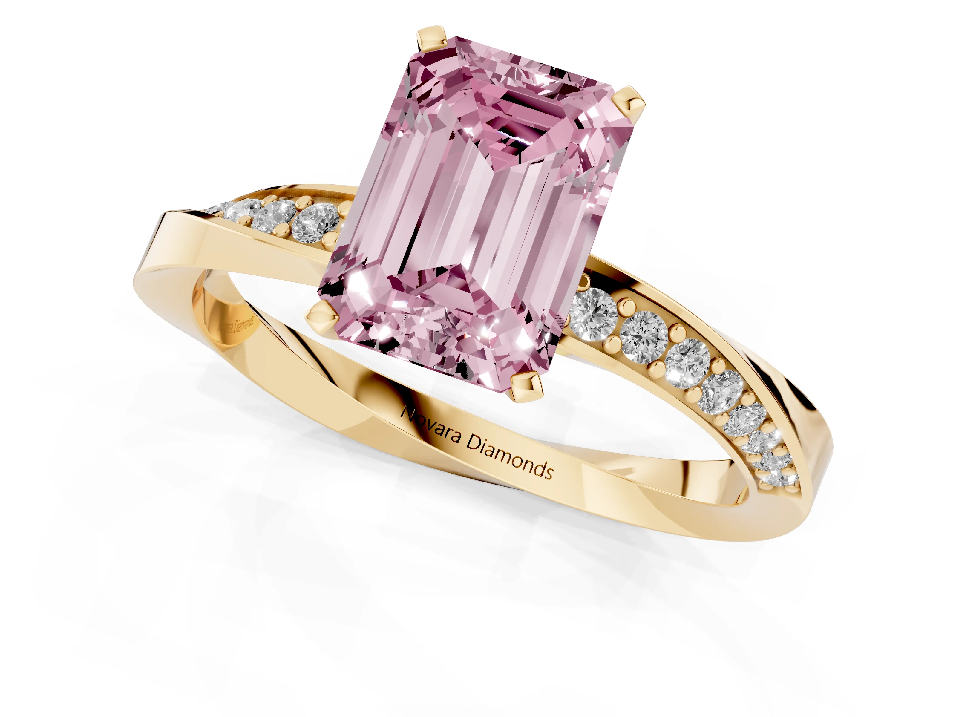 Fancy Pink Emerald Cut Diamond Engagement Ring Set in Yellow gold with Side Stone Accents and Prong Setting