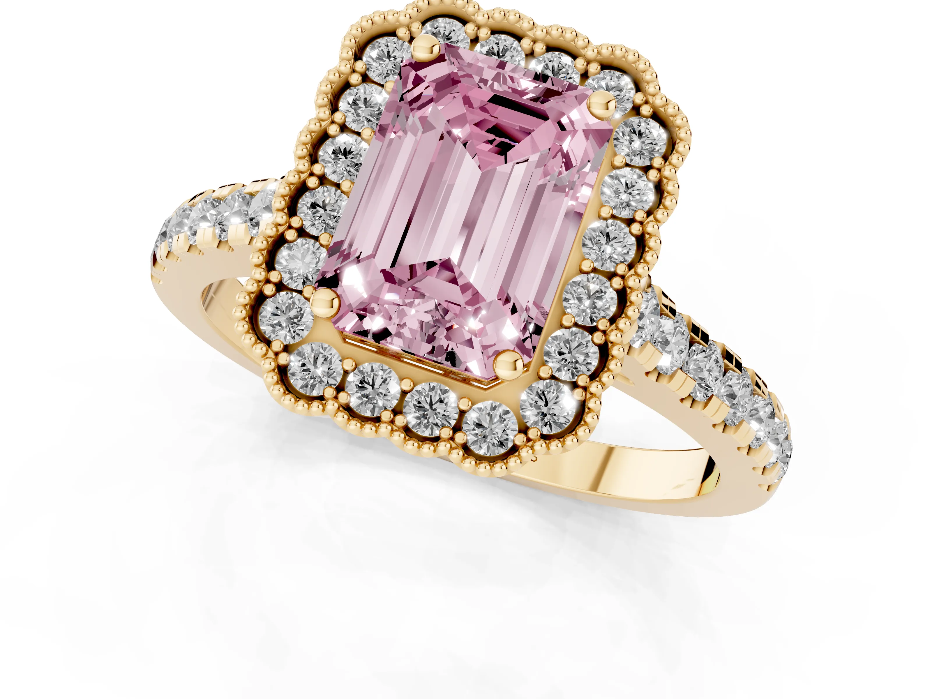 Fancy Pink Emerald Cut Diamond Milgrain Floral Halo Engagement Ring Set in Yellow gold with Pavé Band