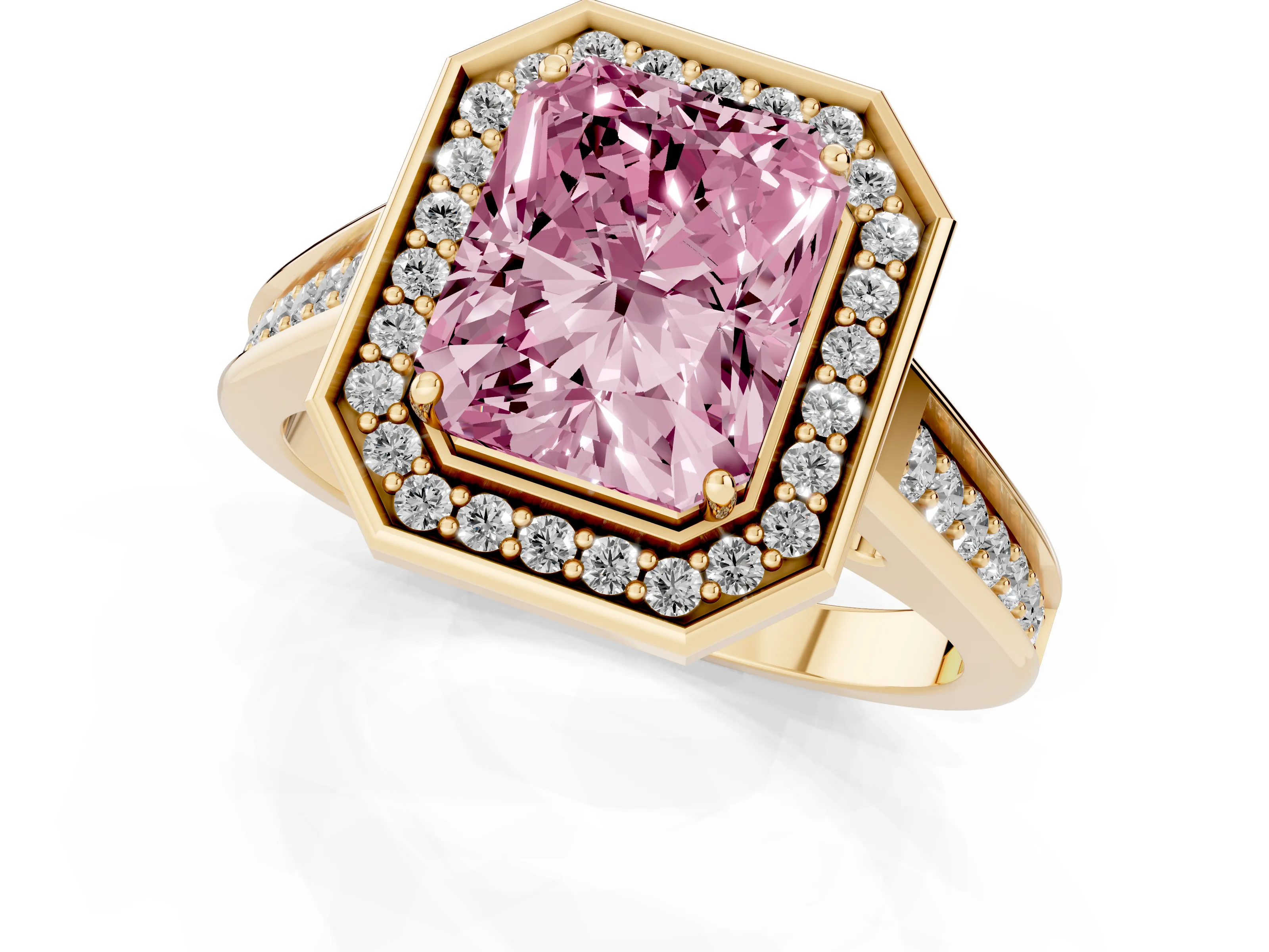 Fancy Pink Emerald Cut Diamond Halo Solitaire Ring Set in Yellow gold with Pavé Band and Bezel Setting