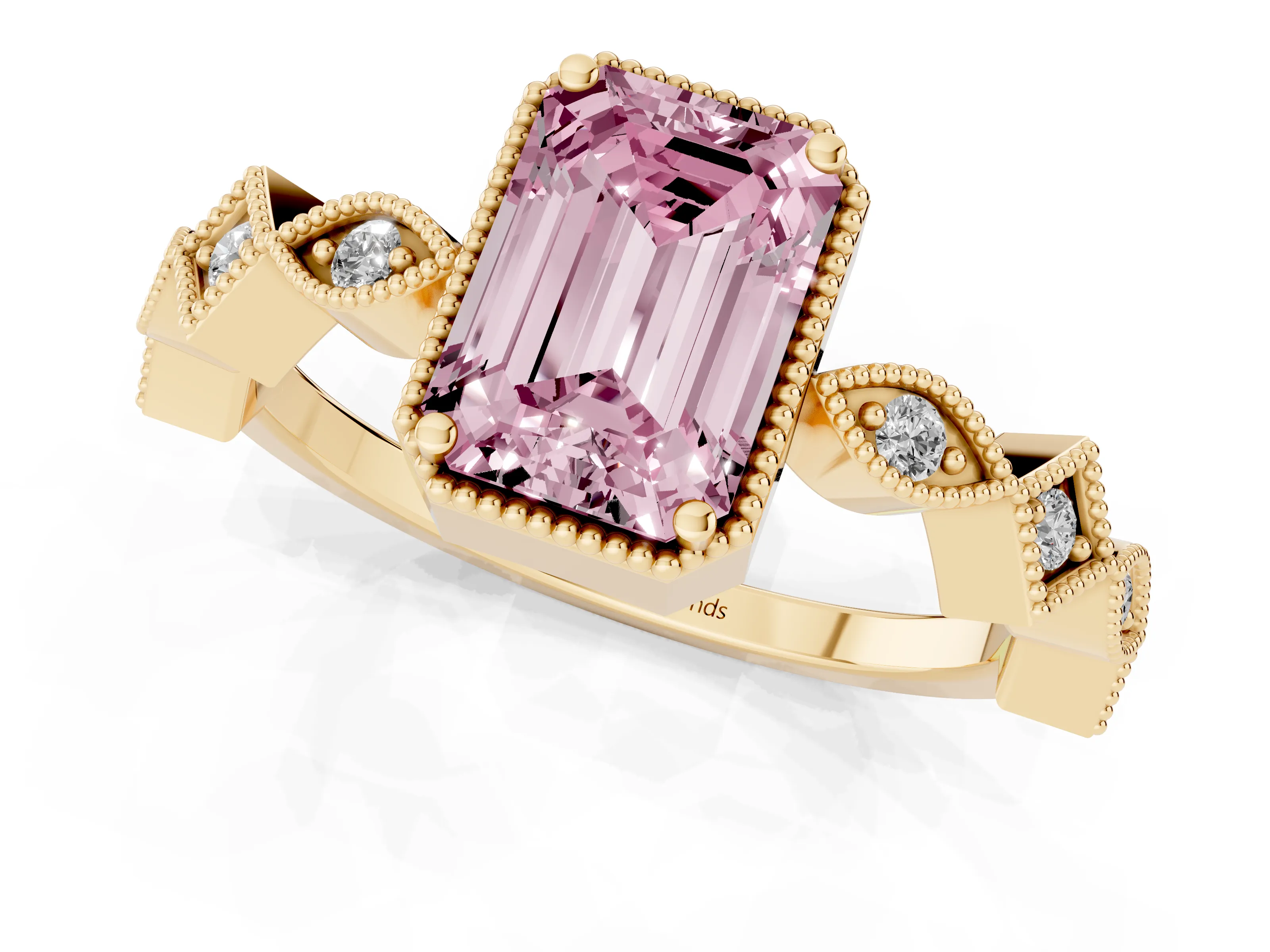 Fancy Pink Emerald Cut Diamond Milgrain Marquise Twist Band Ring Set in Yellow gold with Prong Setting