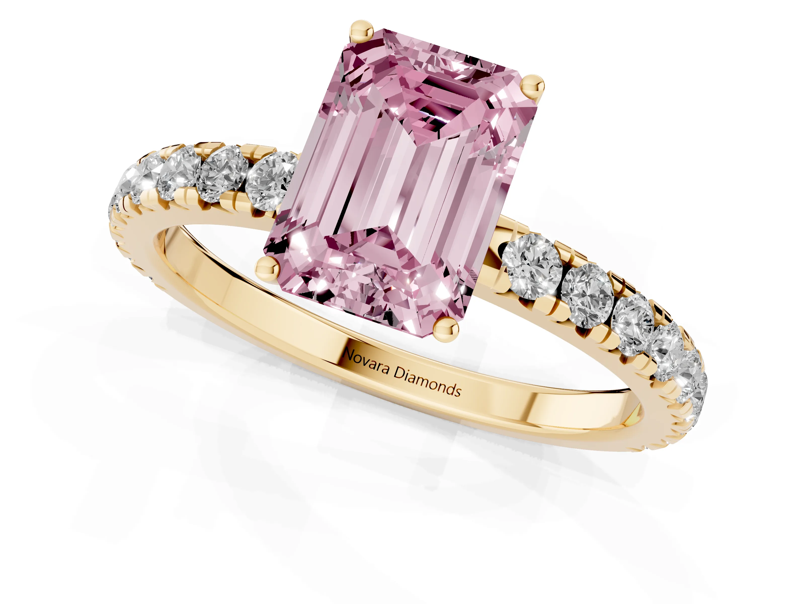 Fancy Pink Emerald Cut Diamond Pavé Solitaire Engagement Ring Set in Yellow gold with Prong Setting