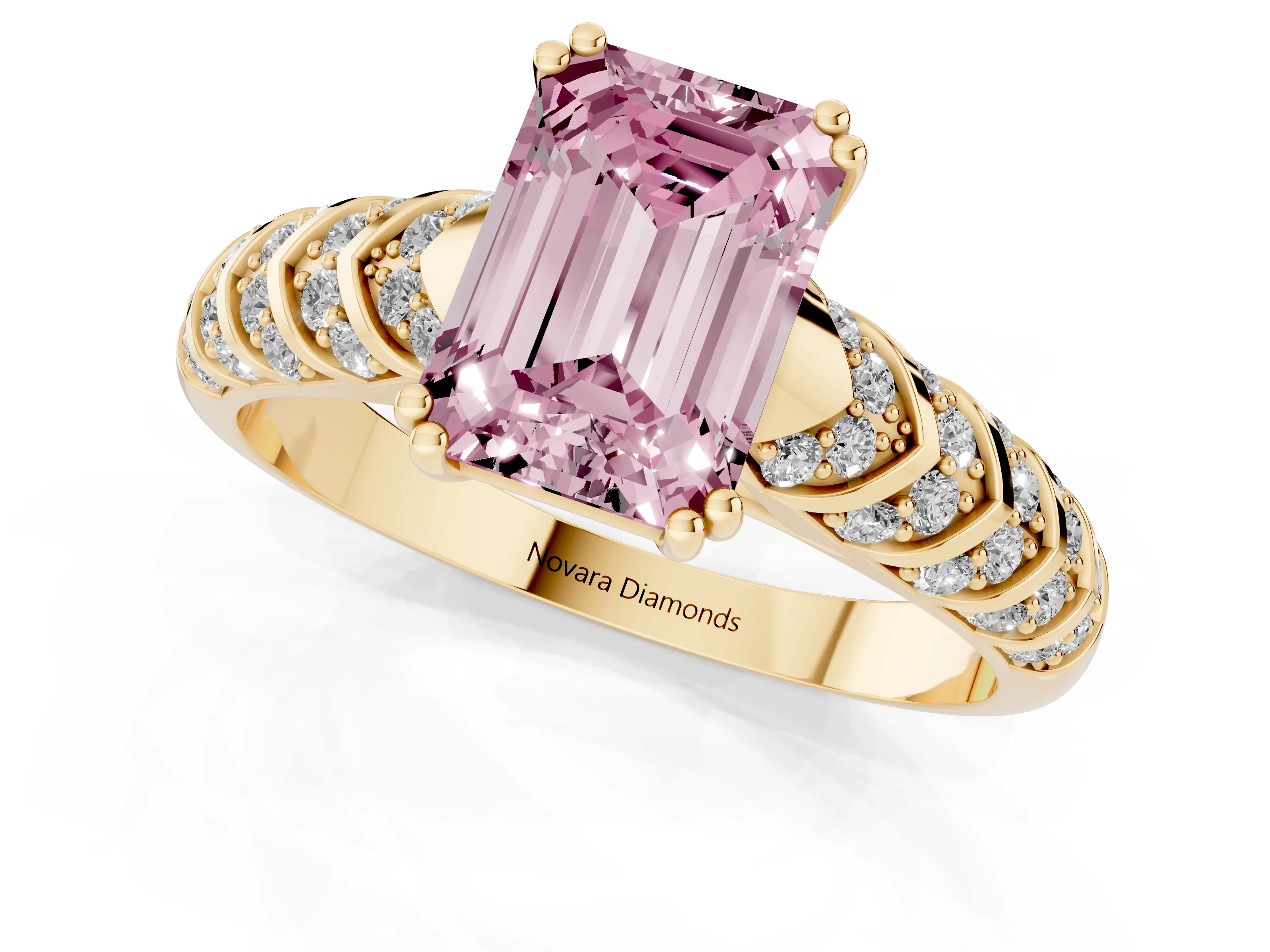 Fancy Pink Emerald Cut Diamond Solitaire Chevron Pavé Engagement Ring Set in Yellow gold with Prong Setting