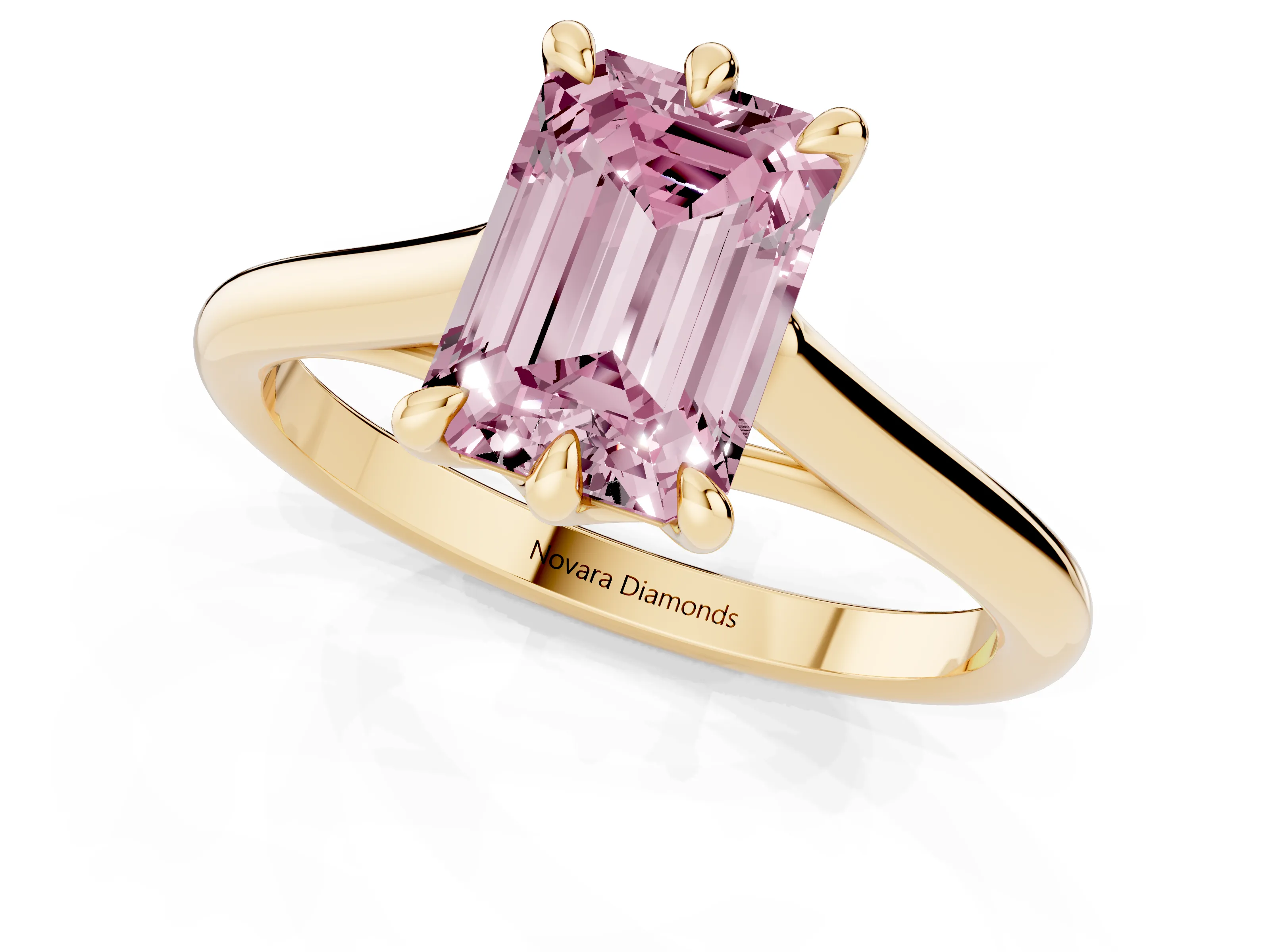 Fancy Pink Emerald Cut Diamond Solitaire Engagement Ring Set in Yellow gold with Prong Setting and Plain Classic Band