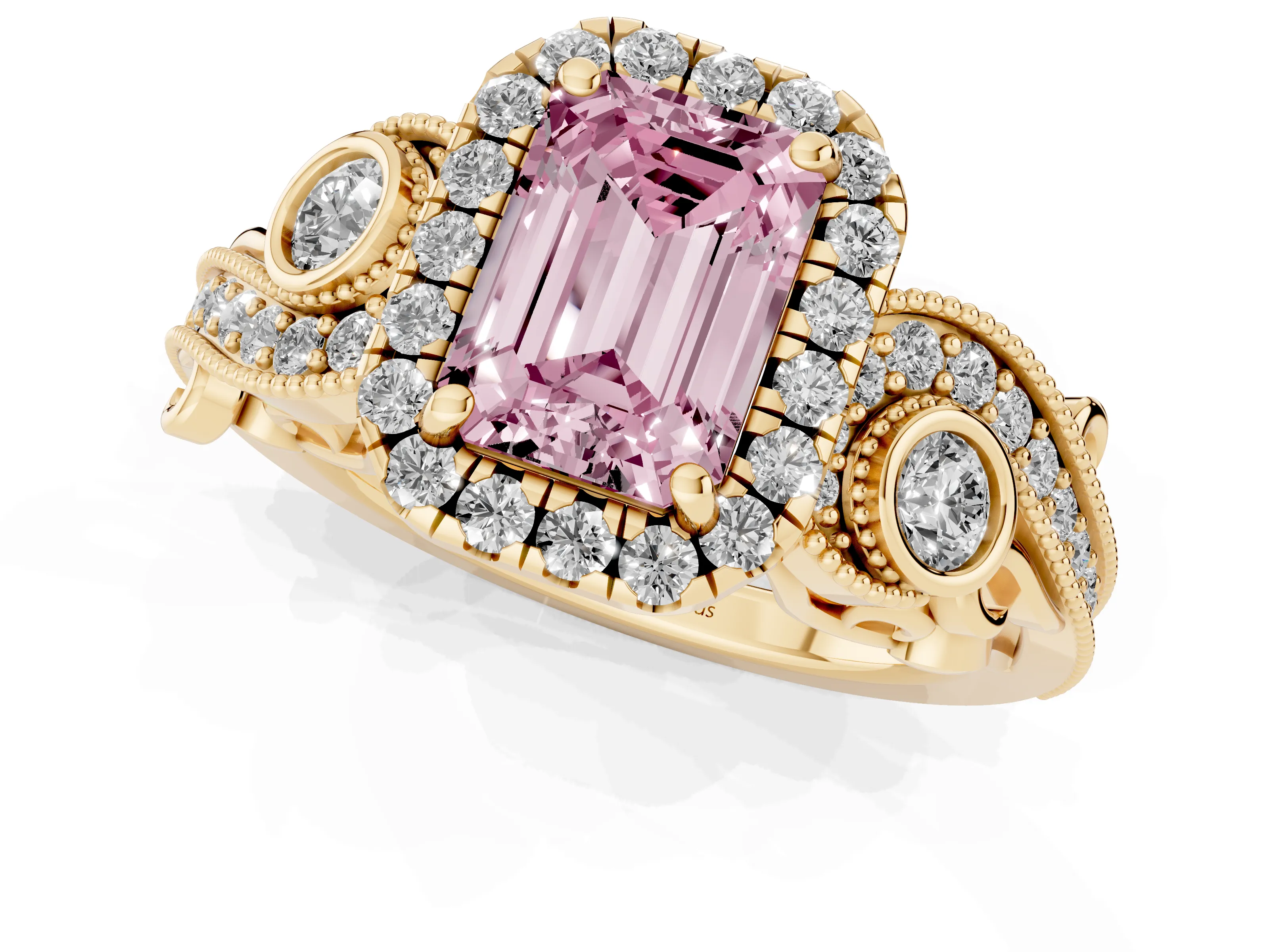 Fancy Pink Emerald Cut Diamond Halo Ring Set in Yellow gold with Milgrain Pavé Band and Prong Setting