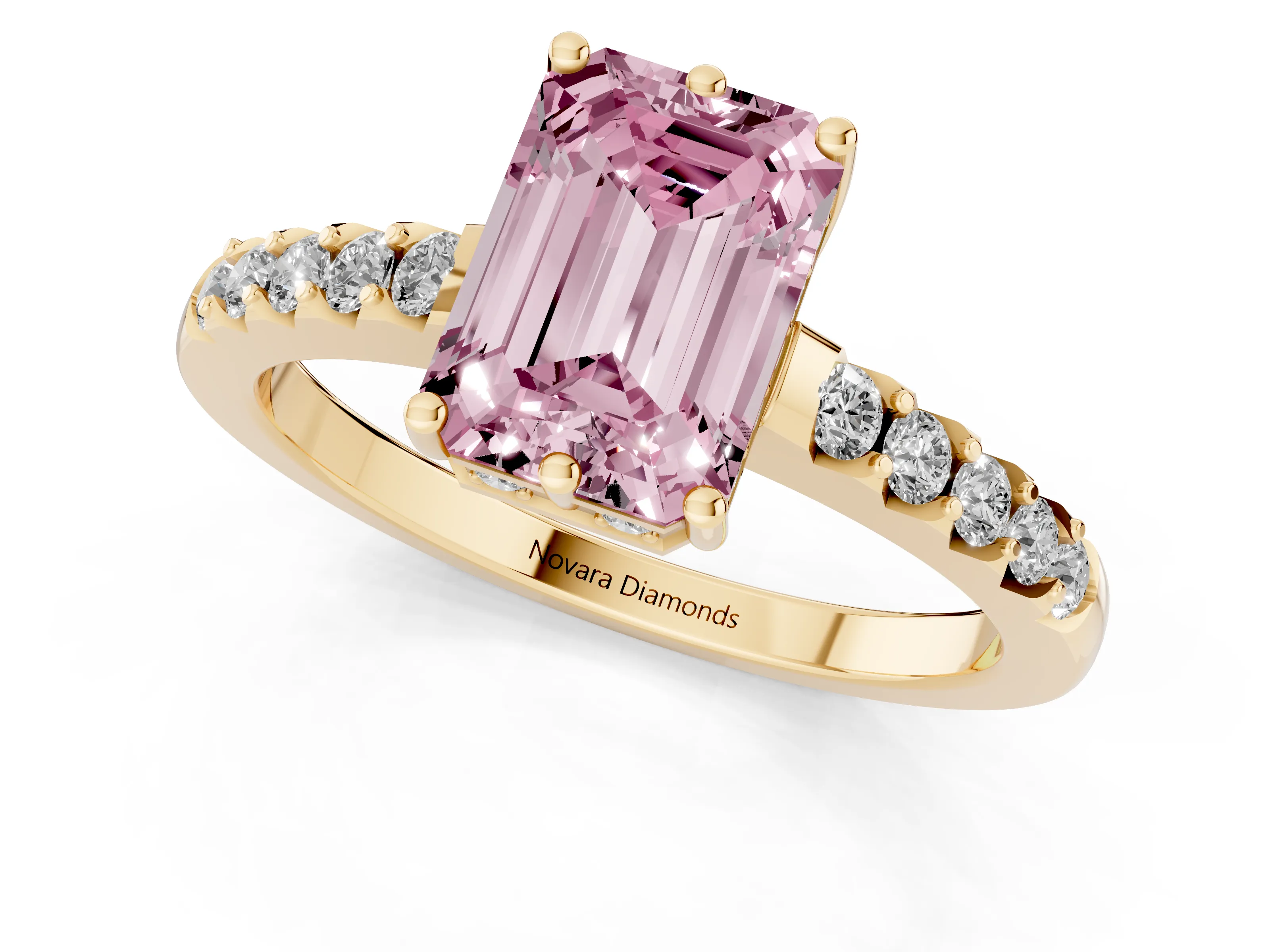 Fancy Pink Emerald Cut Diamond Solitaire Engagement Ring Set in Yellow gold with Pavé Band and Prong Setting