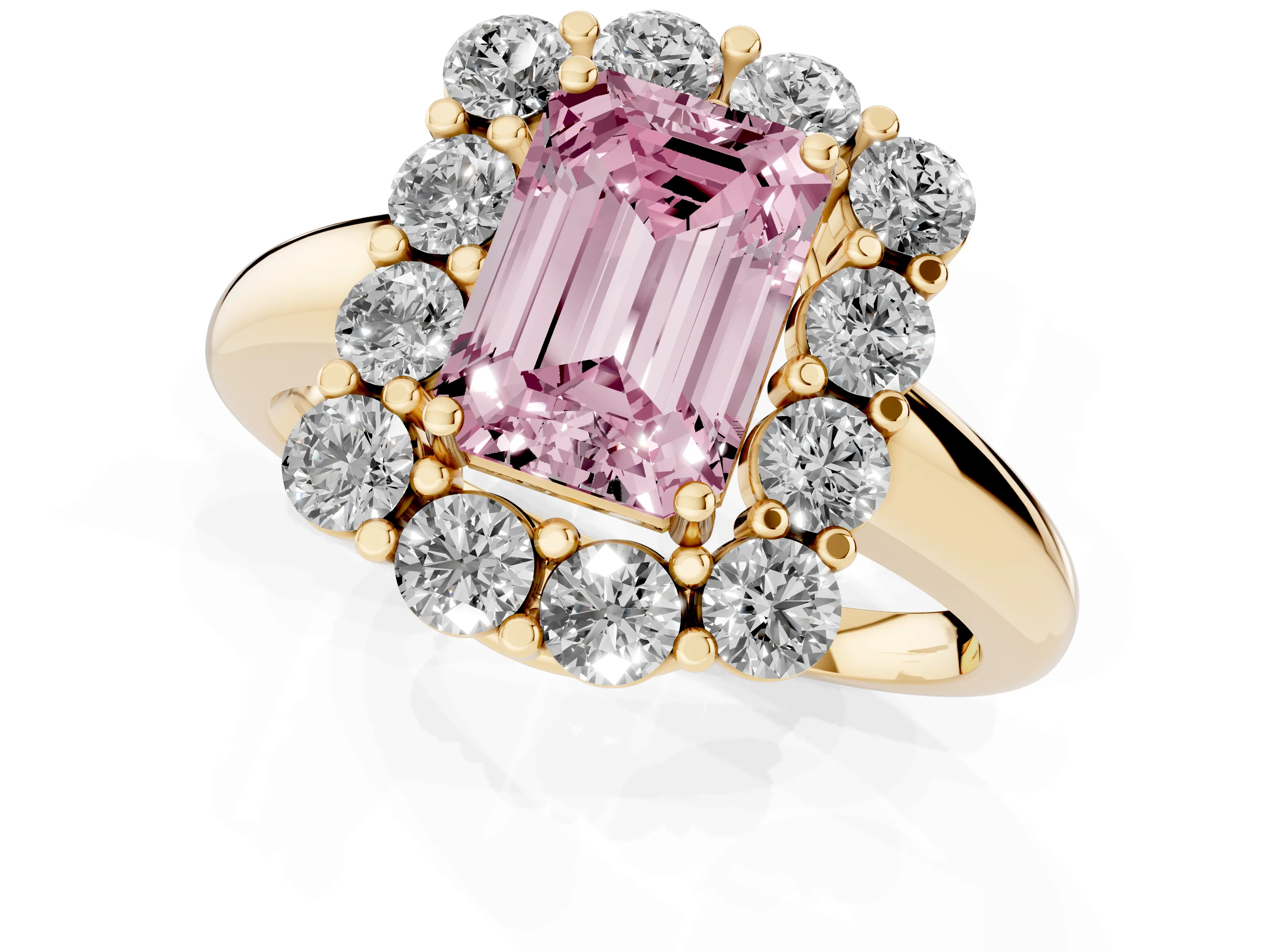 Fancy Pink Emerald Cut Diamond Halo Cluster Engagement Ring Set in Yellow gold with Polished Band and Prong Setting