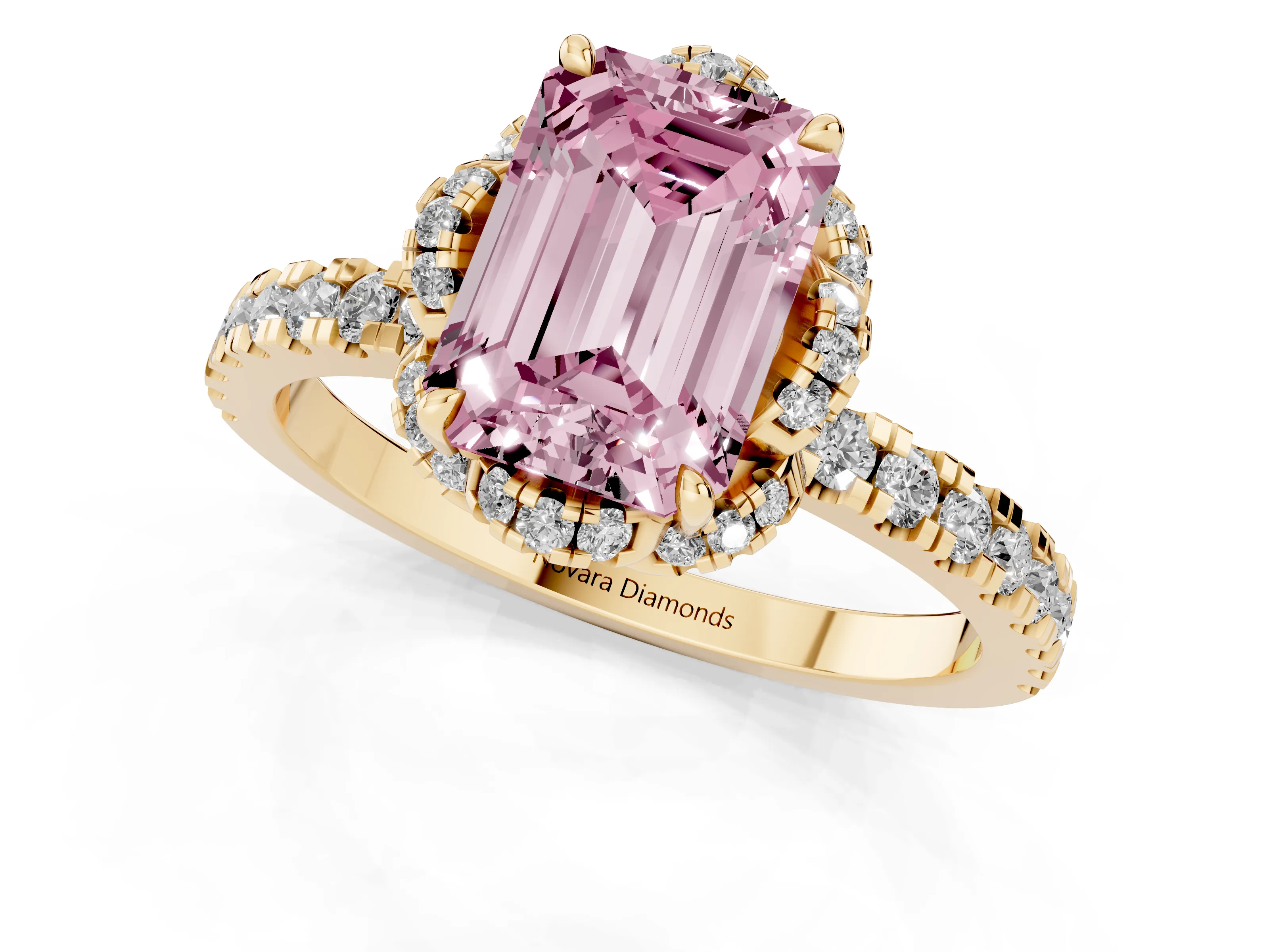 Fancy Pink Emerald Cut Diamond Halo Pavé Band Ring Set in Yellow gold with Prong-Held Center
