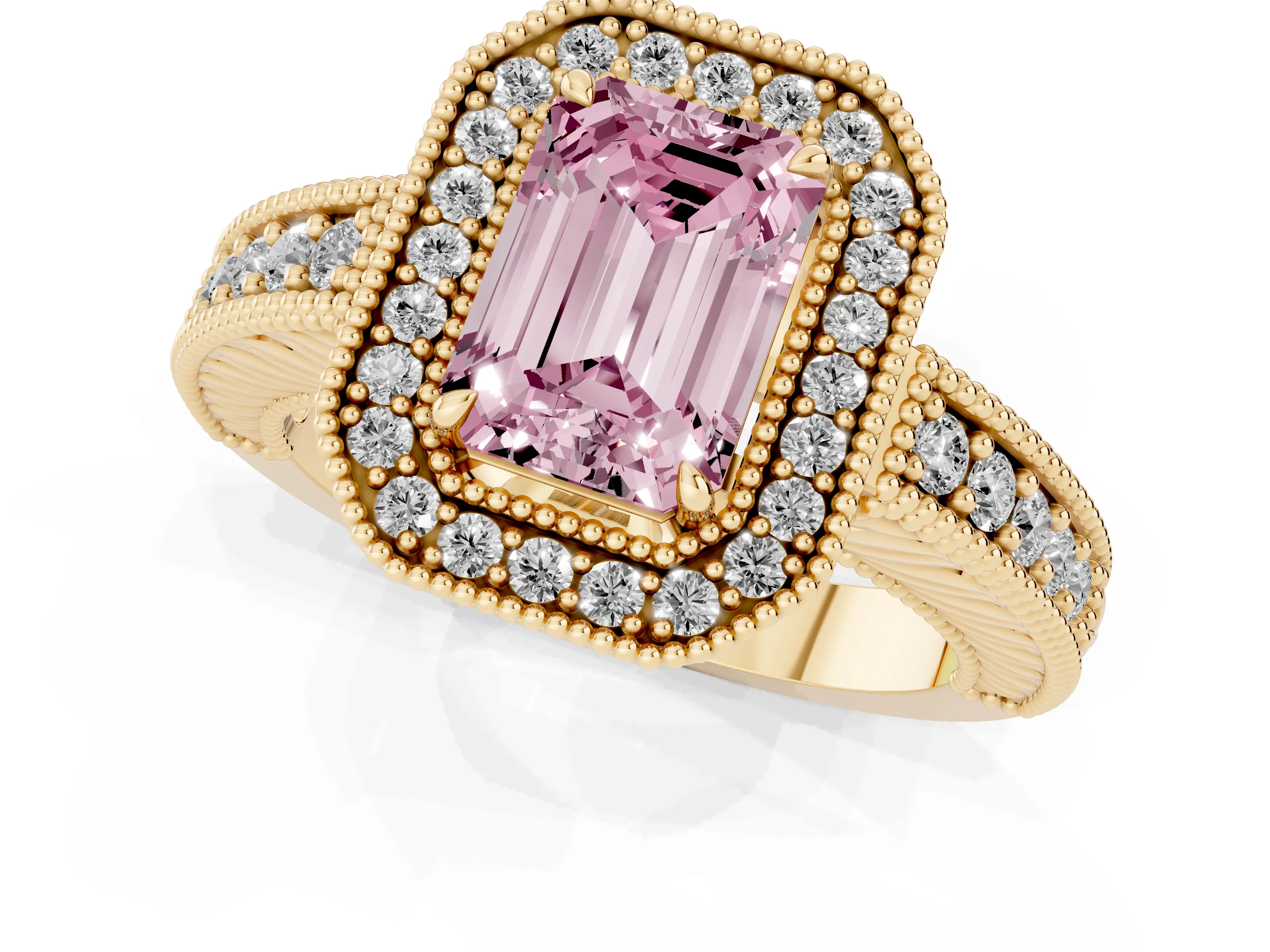 Fancy Pink Emerald Cut Diamond Halo Ring Set in Yellow gold with Round Accent Halo, Pavé Band and Prong Setting