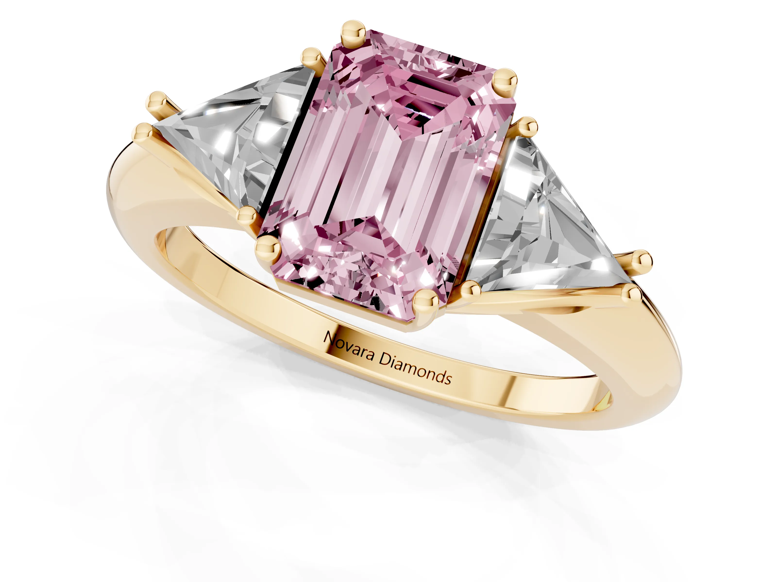 Fancy Pink Emerald Cut Diamond Three-Stone Engagement Ring Set in Yellow gold with Trillion Side Stones