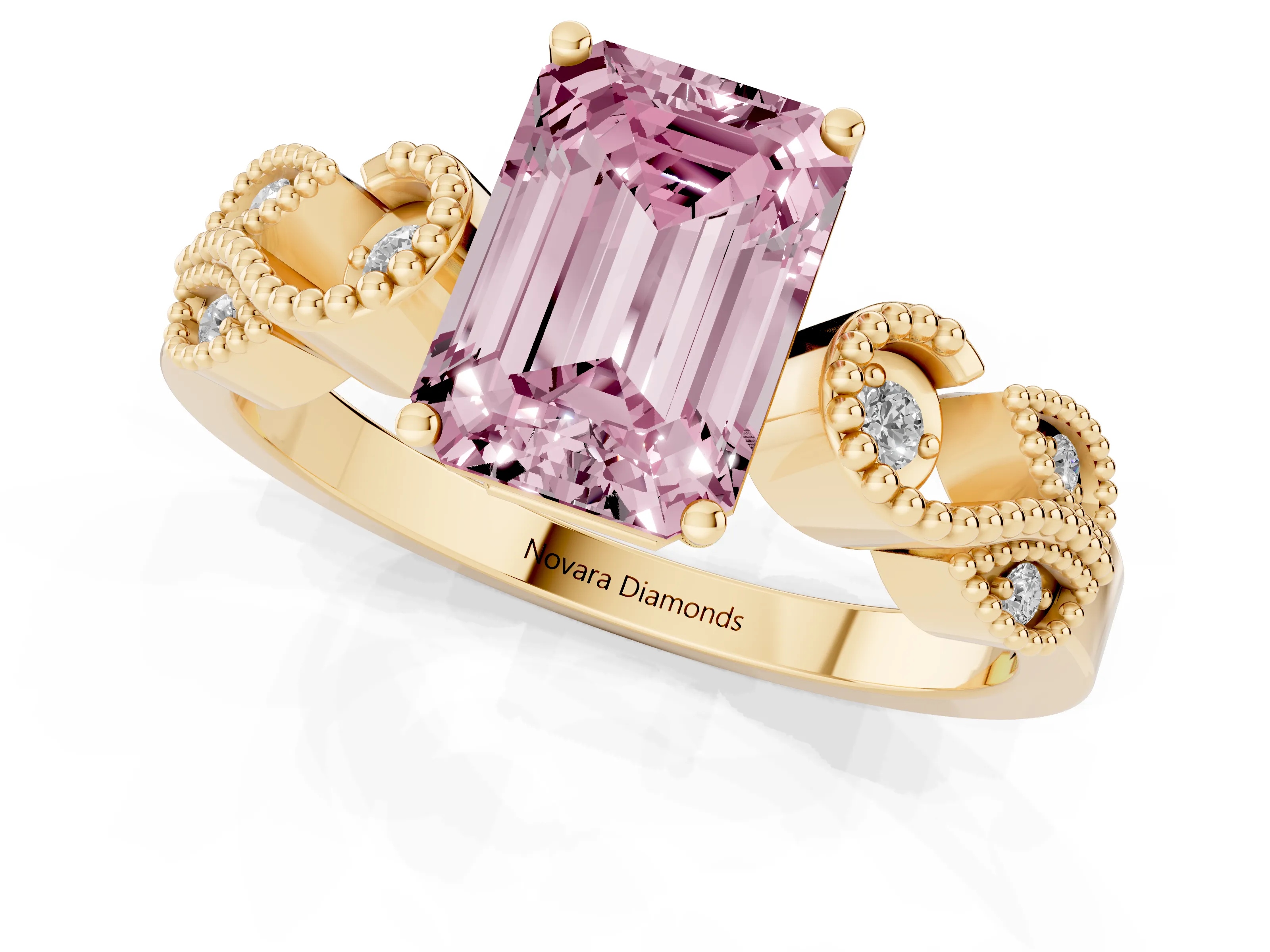 Fancy Pink Emerald Cut Diamond Milgrain Leaf Band Solitaire Ring Set in Yellow gold with Accent Stones and Prong Setting