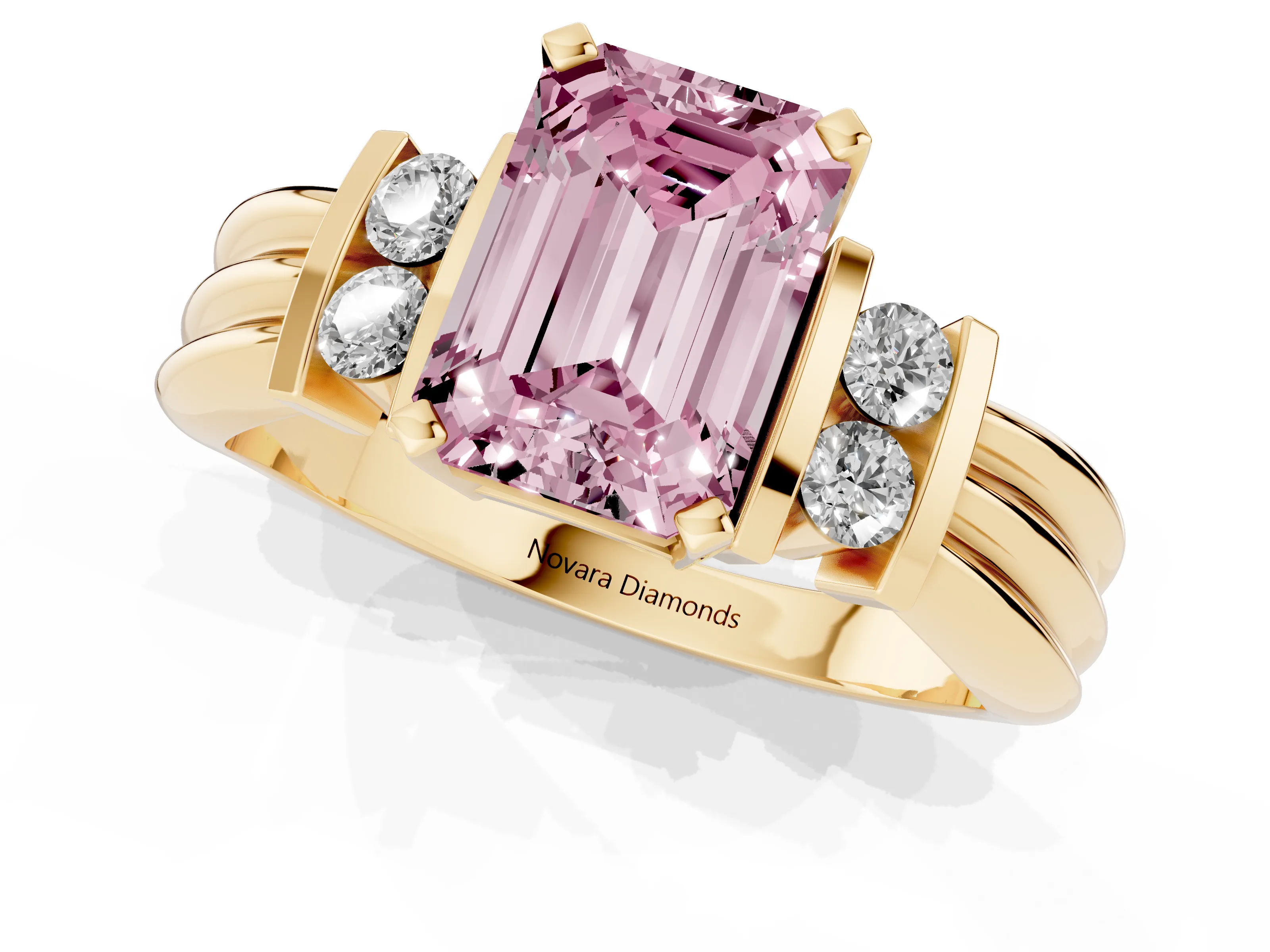Fancy Pink Three-Stone Emerald Cut Diamond Channel Set Ring Set in Yellow gold with Bar Prongs