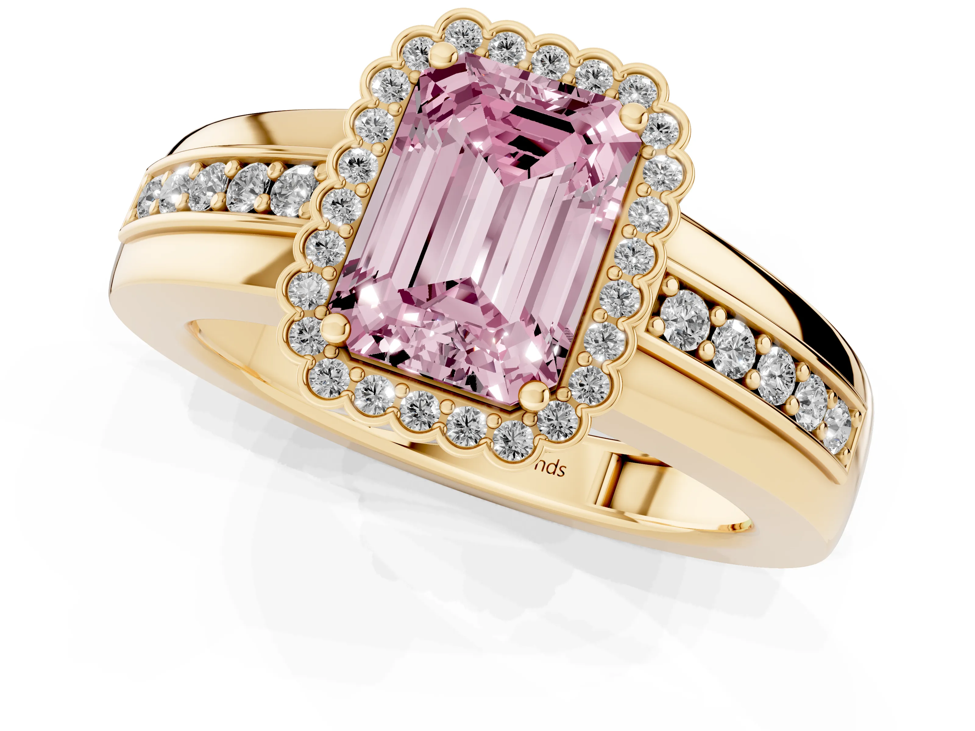 Fancy Pink Emerald Cut Diamond Halo Prong Ring Set in Yellow gold with Pavé Band