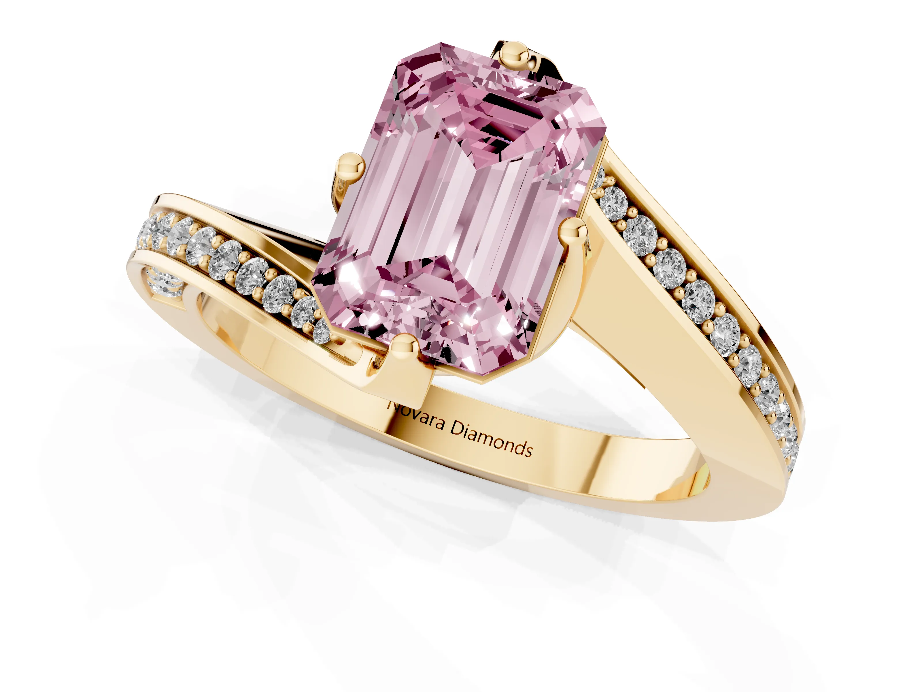 Fancy Pink Emerald Cut Diamond Solitaire Ring Set in Yellow gold with Intertwined Pavé Twist Band